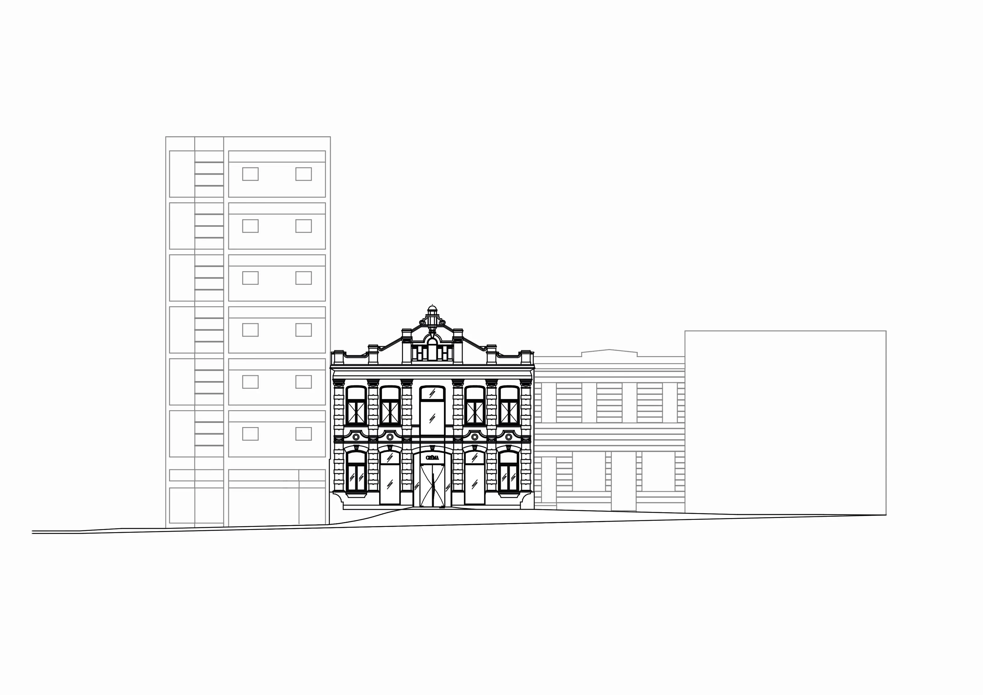 Architectural elevation drawing of an ornate two-story building labeled Crema between simpler buildings.