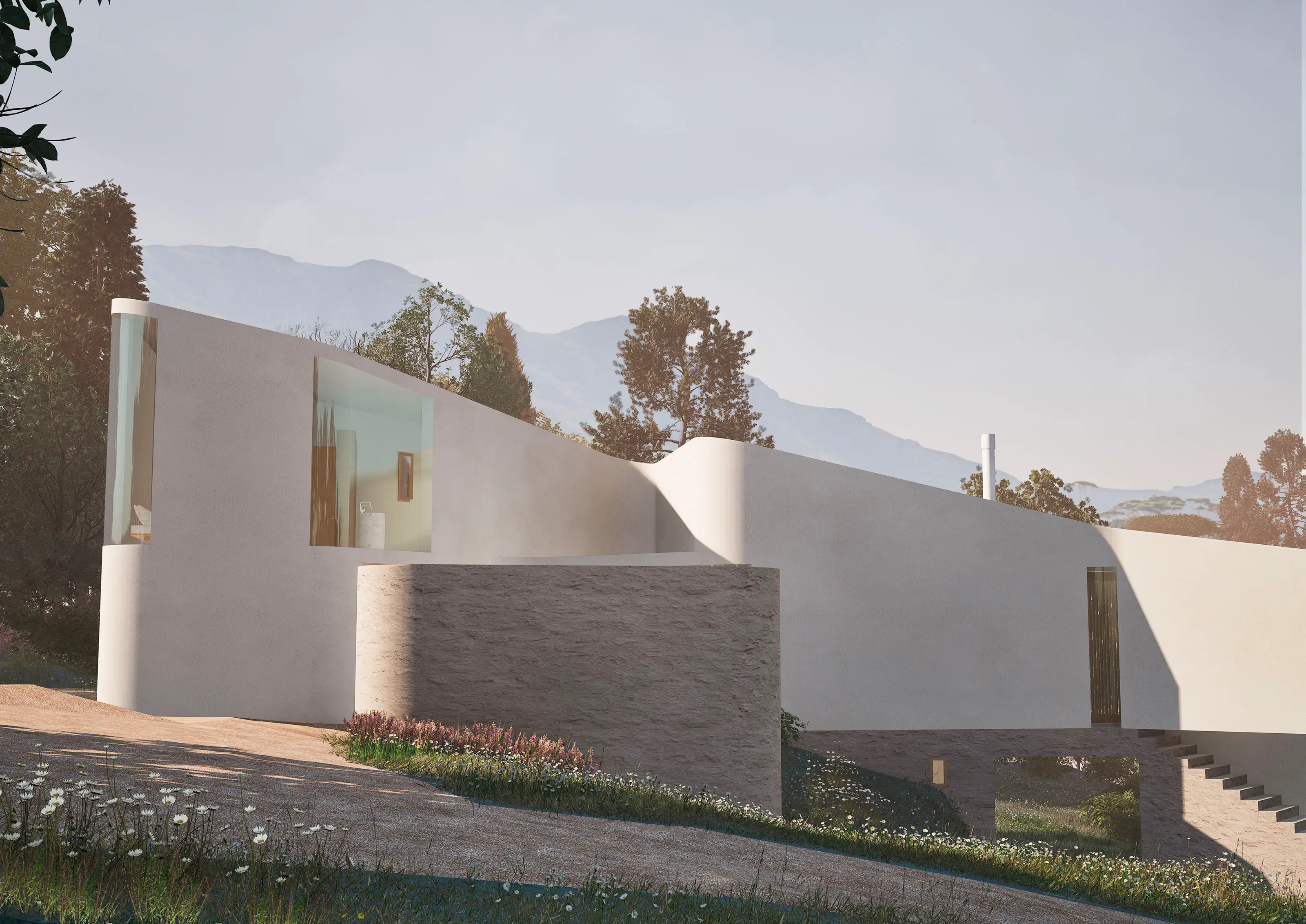 Modern curved white house with large windows on a hillside surrounded by trees and flowers.