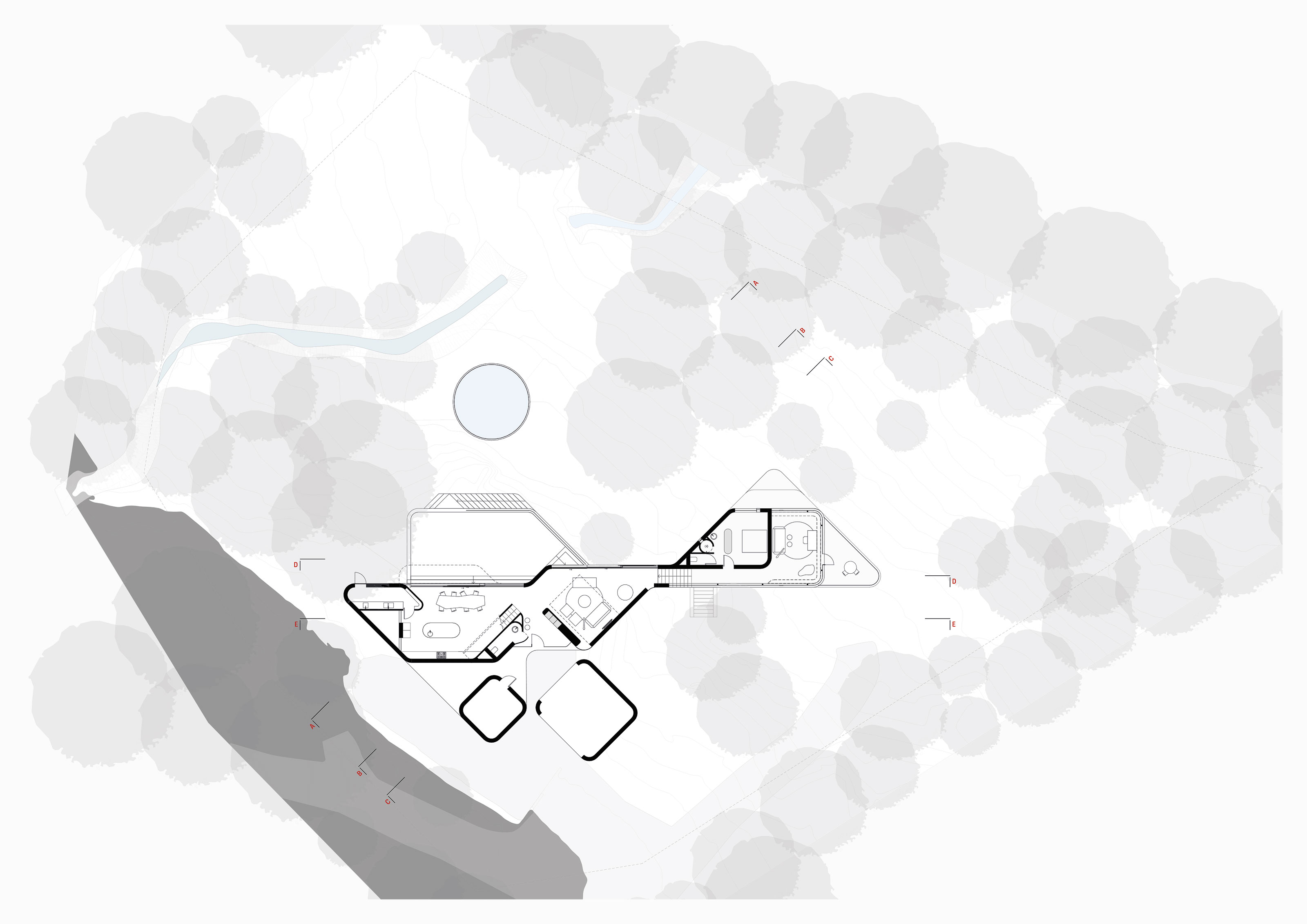 Architectural ground floor plan of a house surrounded by trees and landscape features