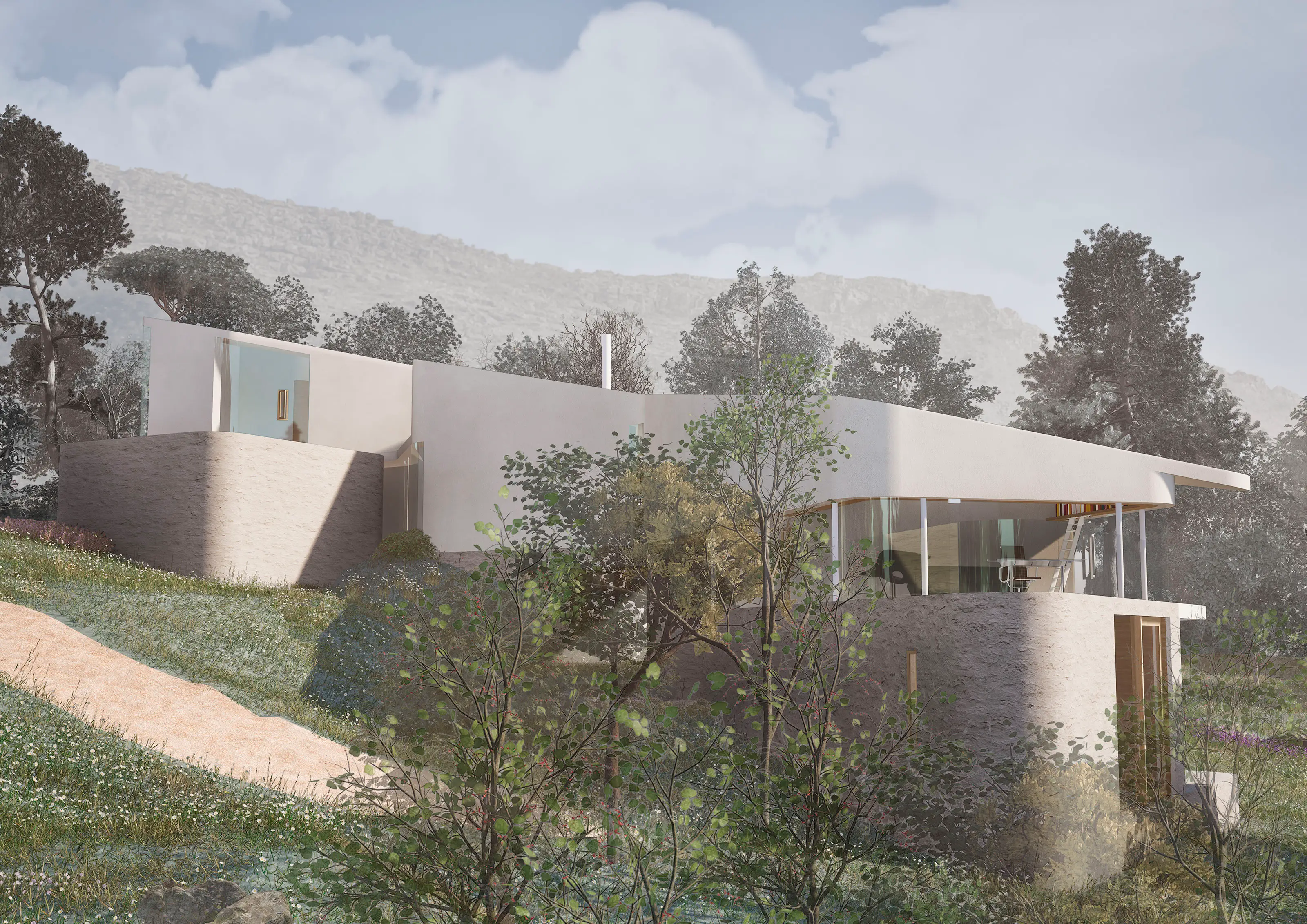 Modern white curved house on grassy slope with trees and mountains in the background.