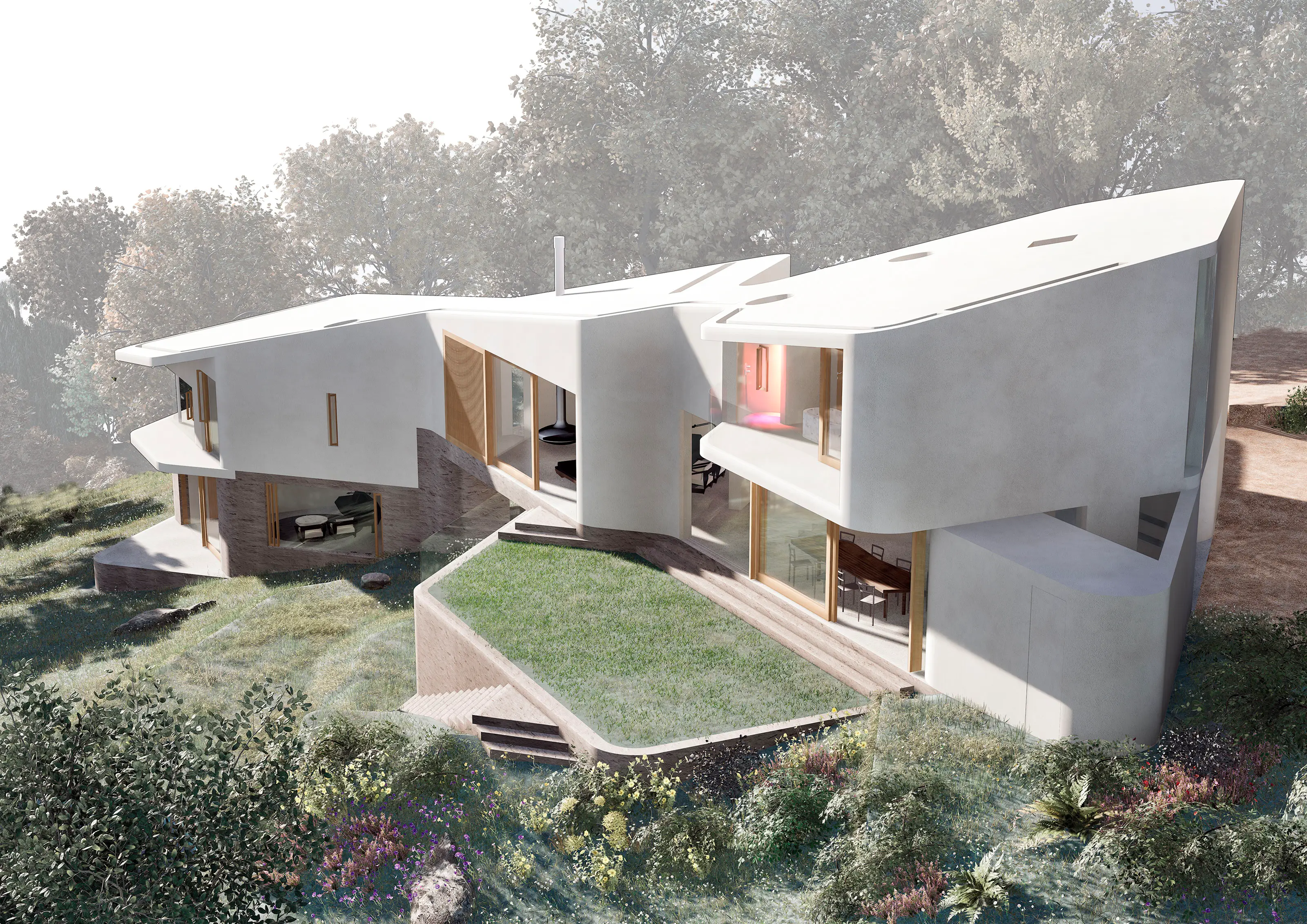 Modern two-story house with curved white walls, large windows, and a grassy patio surrounded by trees.