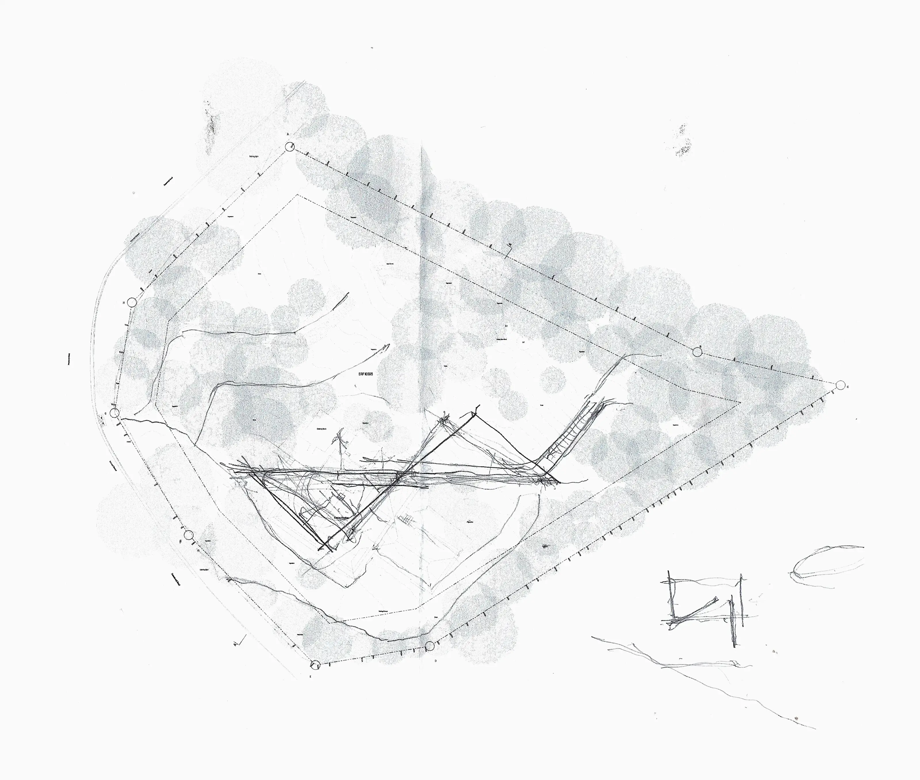 Hand-drawn architectural site plan with tree outlines and building sketches in a roughly triangular plot.