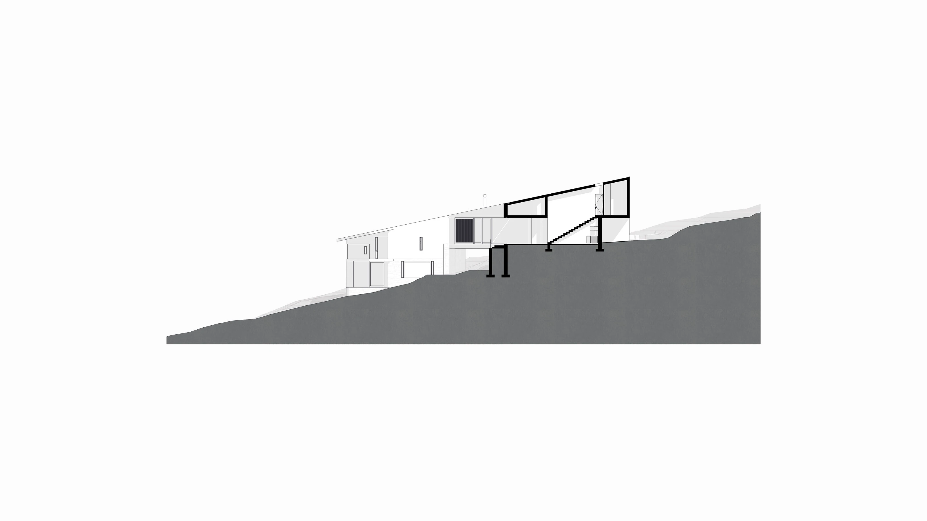 Architectural section drawing of a modern house built on a sloping terrain with multiple levels.