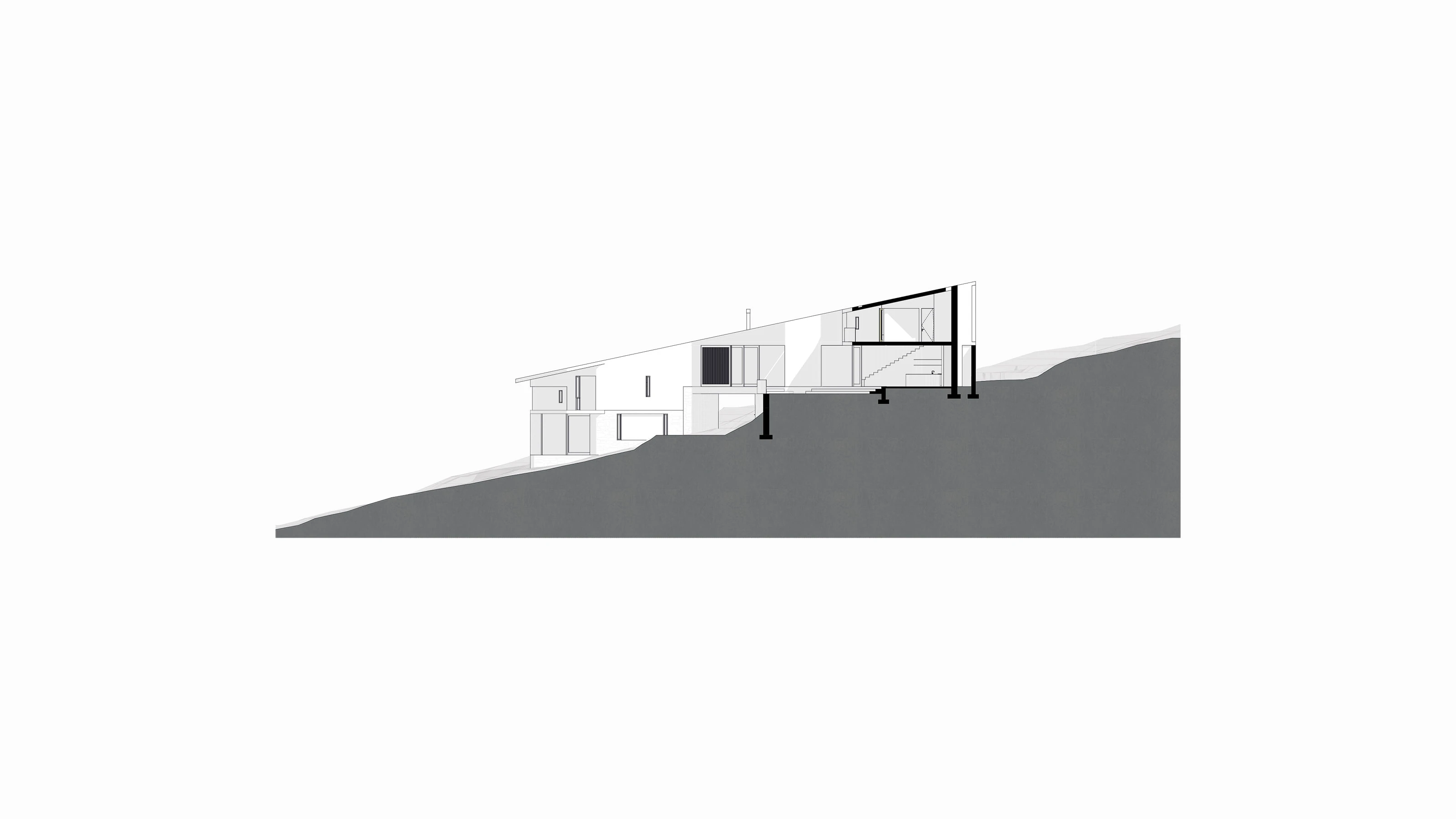 Architectural cross-section of a modern house on a sloped terrain with multiple levels and stairs.