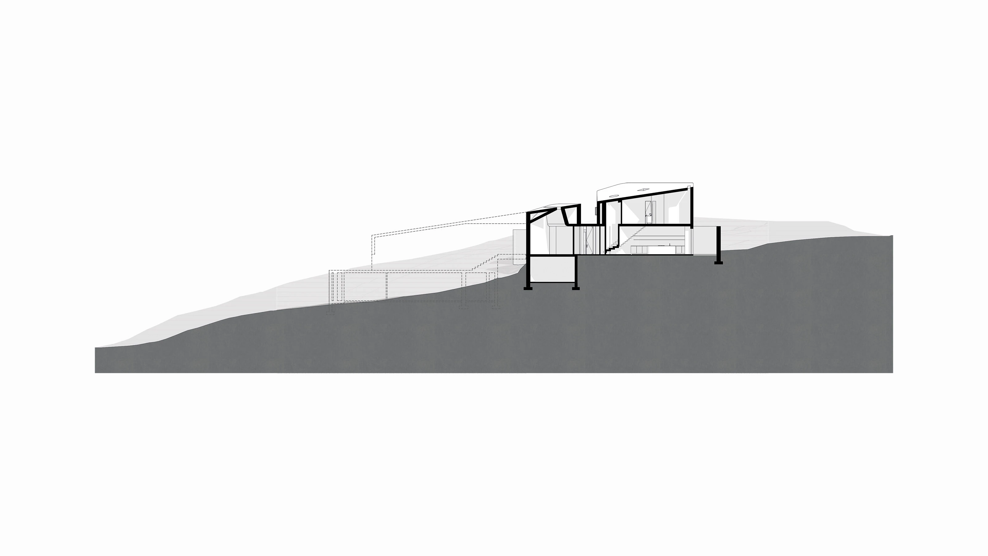 Cross-section drawing of a modern building on a sloped site showing multiple floors and stairs.