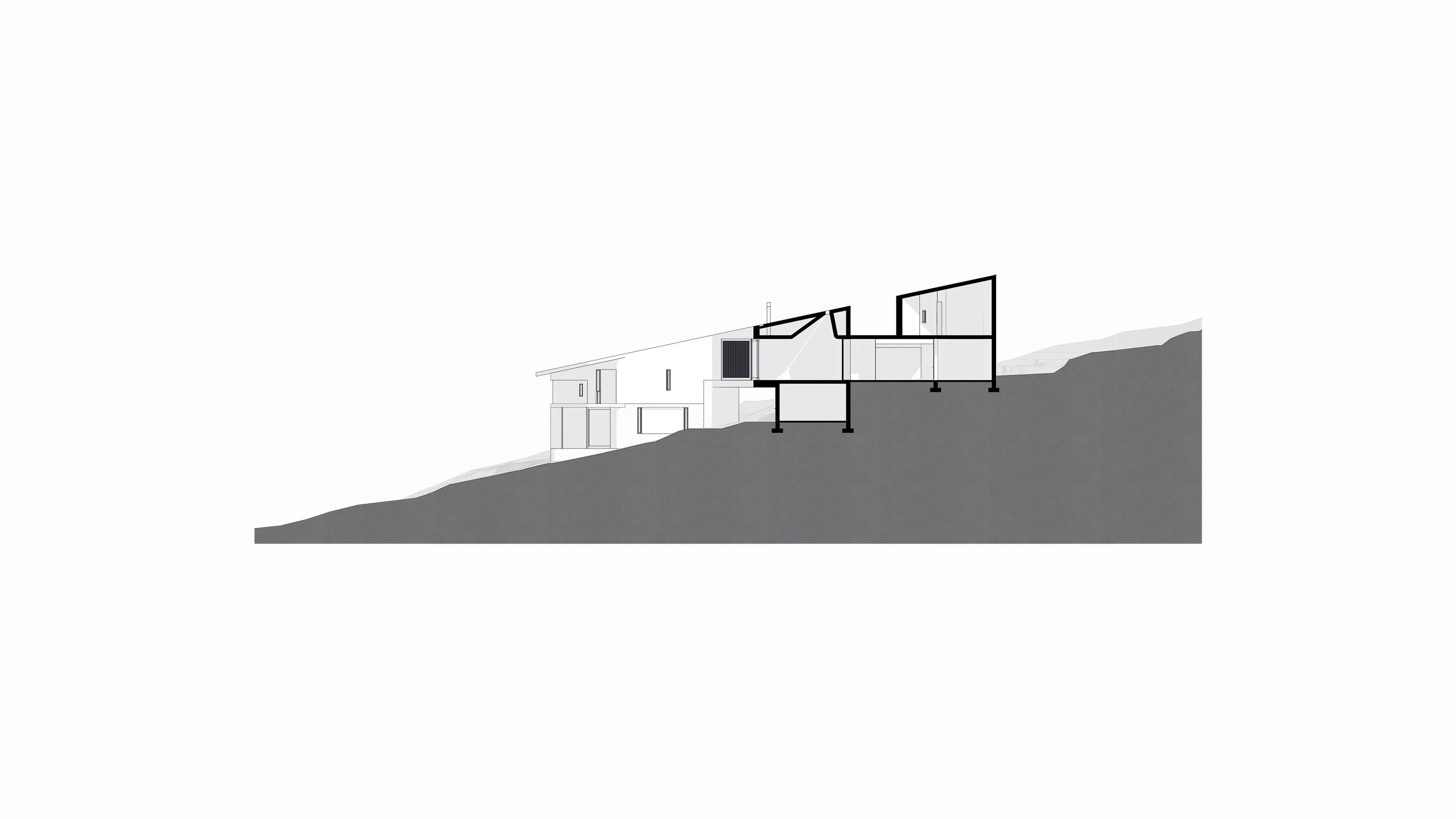Architectural section of a modern house on a sloped terrain showing interior spaces and structure.