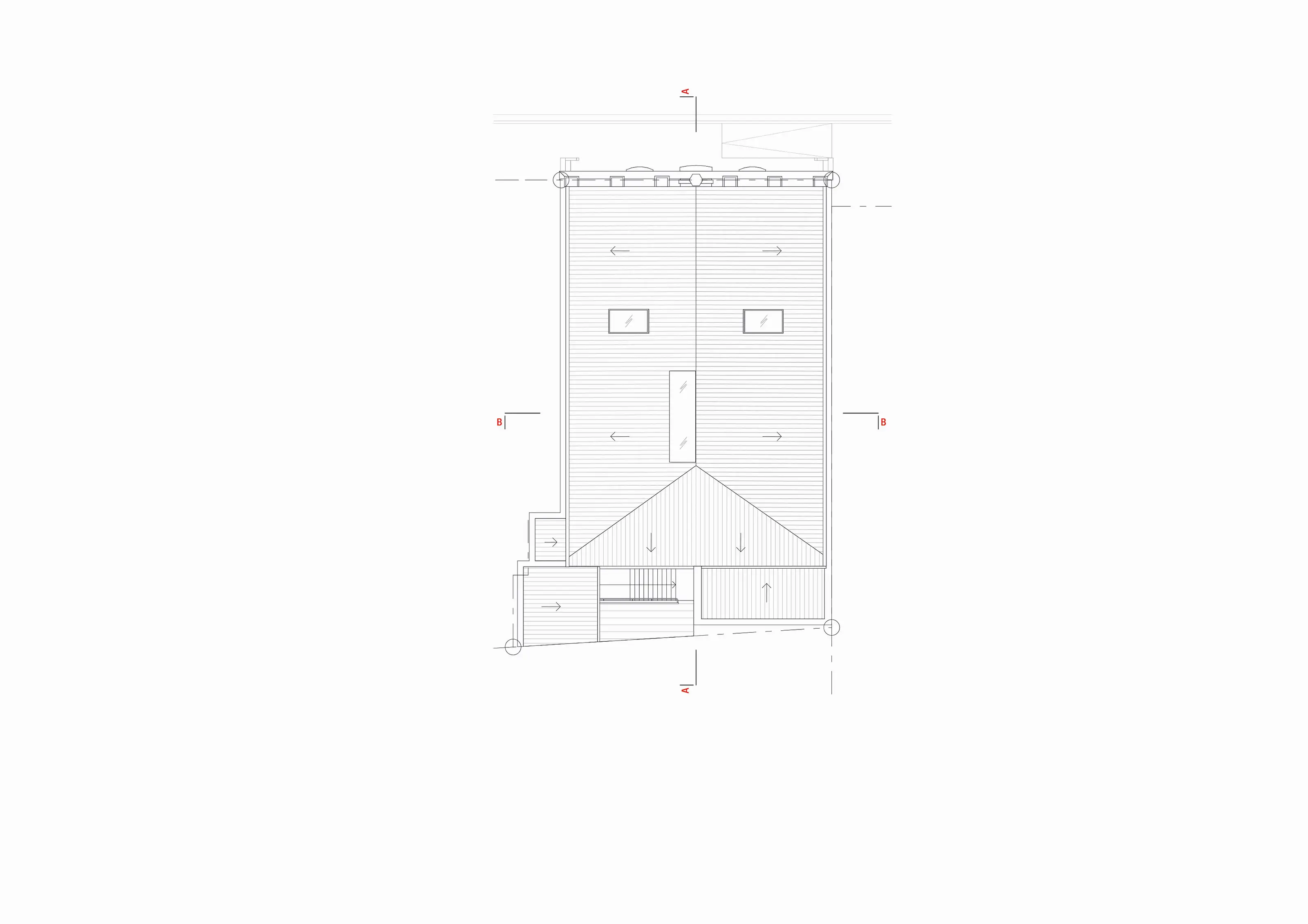 Architectural roof plan drawing showing roof slopes, windows, and stair details of a rectangular building.