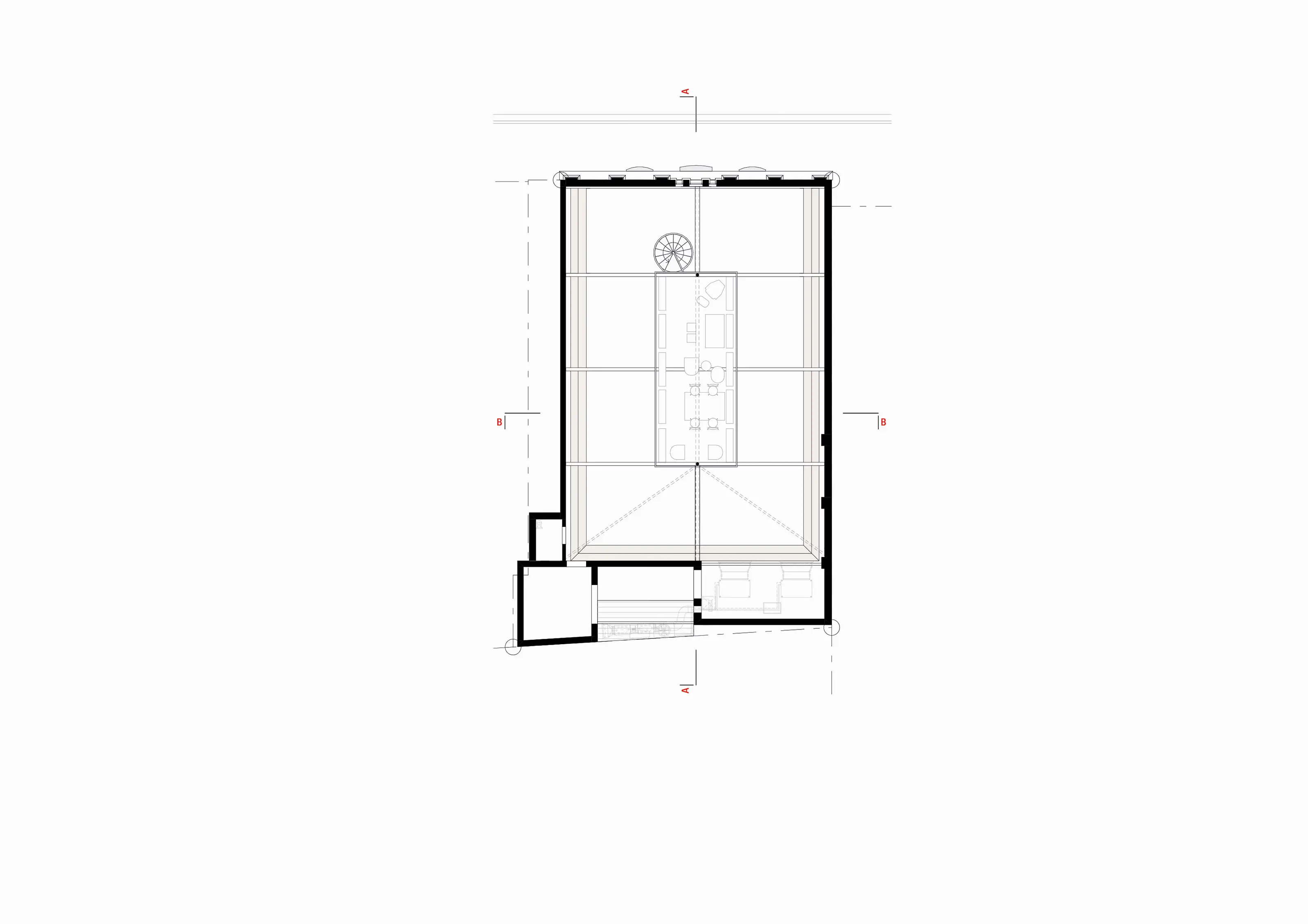 Architectural floor plan of a rectangular mezzanine with furniture layout and staircases.