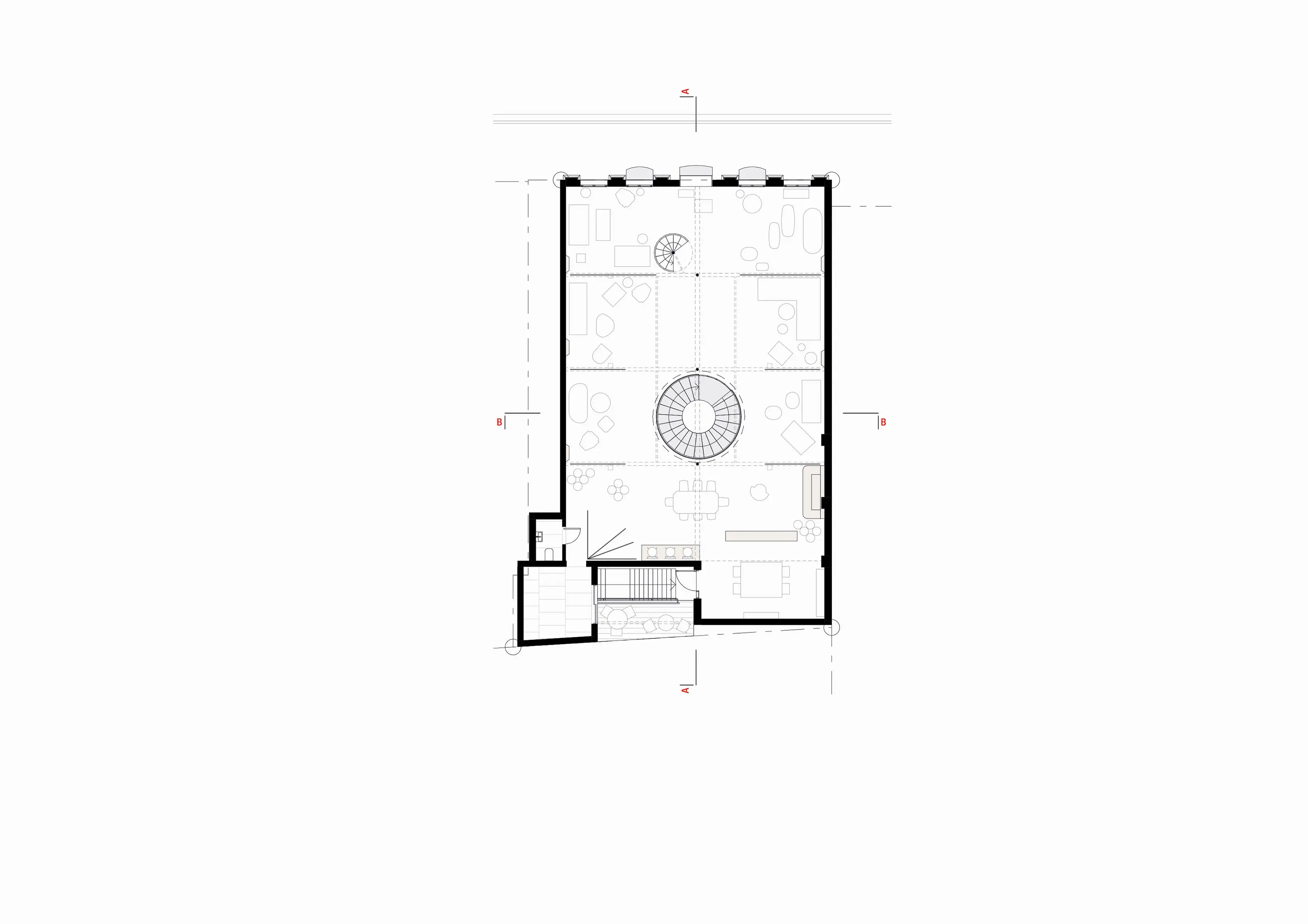 Architectural floor plan of a rectangular space with rooms and a central spiral staircase.