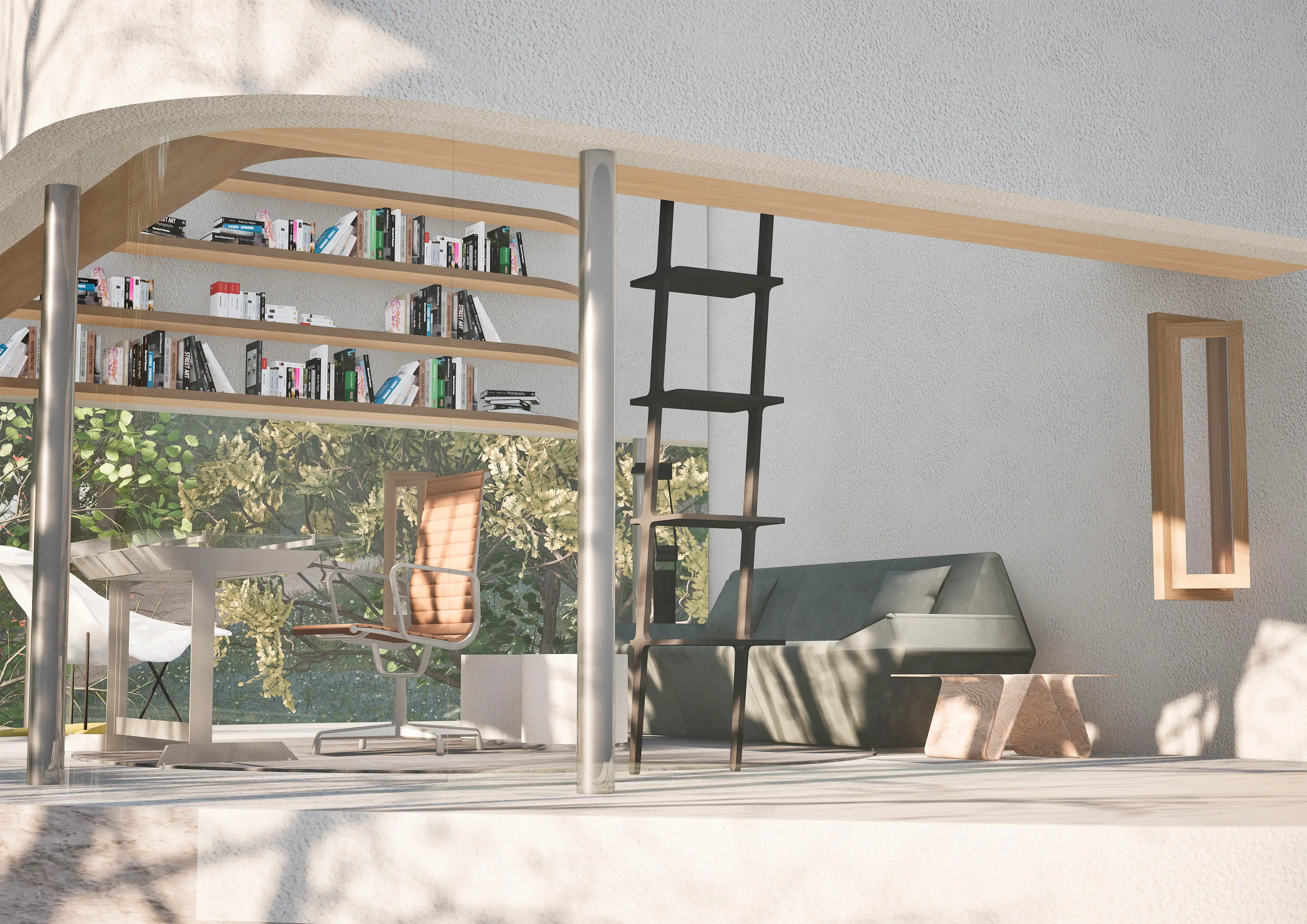 Modern living space with tall chair, table, built-in bookshelves, ladder, sofa, and window showing greenery.