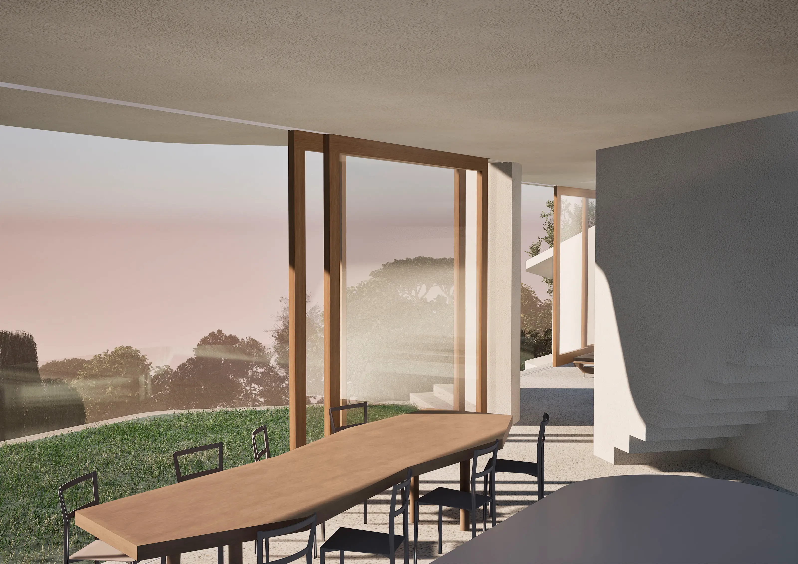 Modern dining area with wooden table, black chairs, large glass windows, and outdoor greenery.