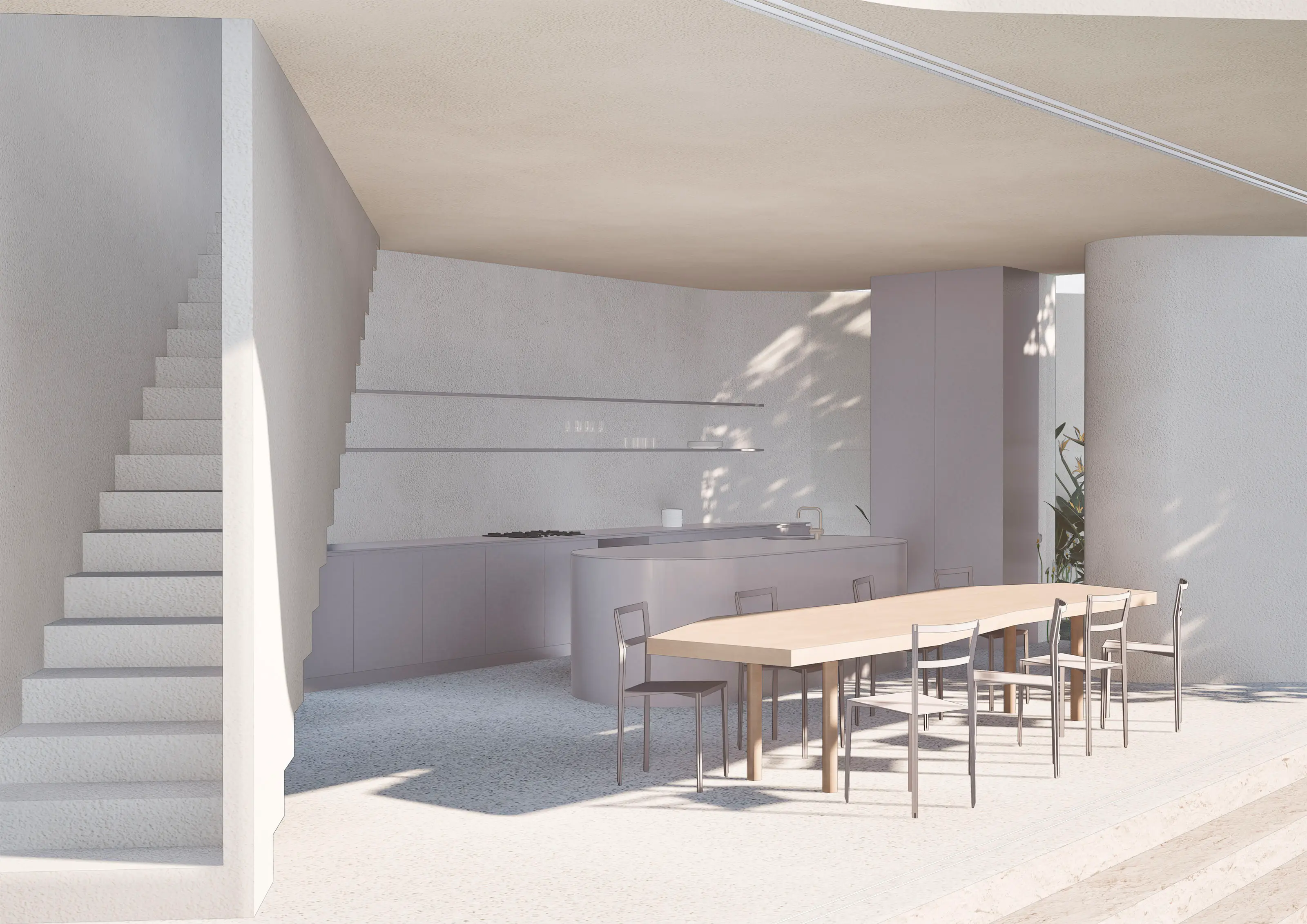 Minimalist open kitchen with curved island, stairway on left, and wooden dining table with metal chairs.