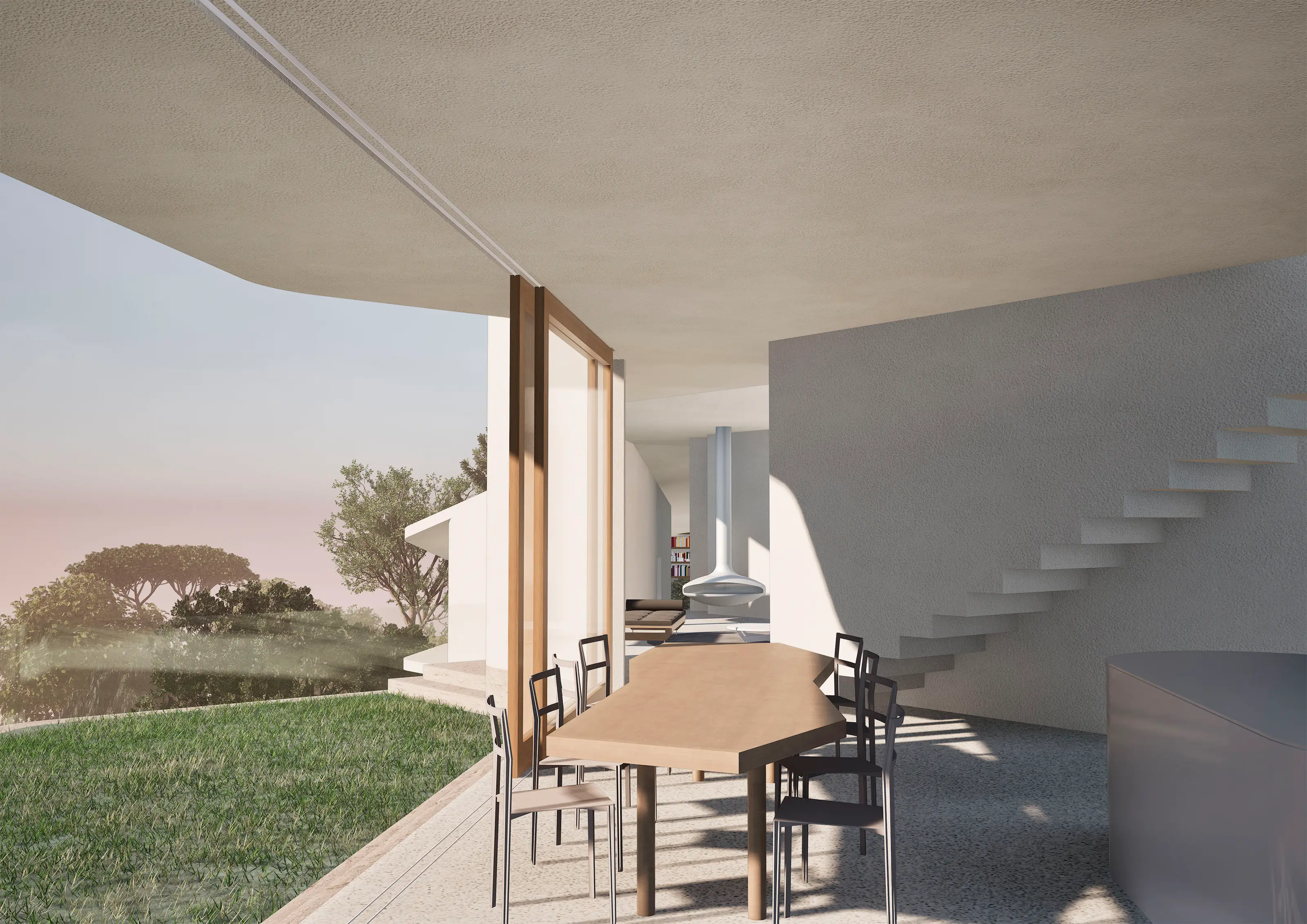 Modern dining area with a wooden table, six chairs, floating staircase, and garden view at sunset.