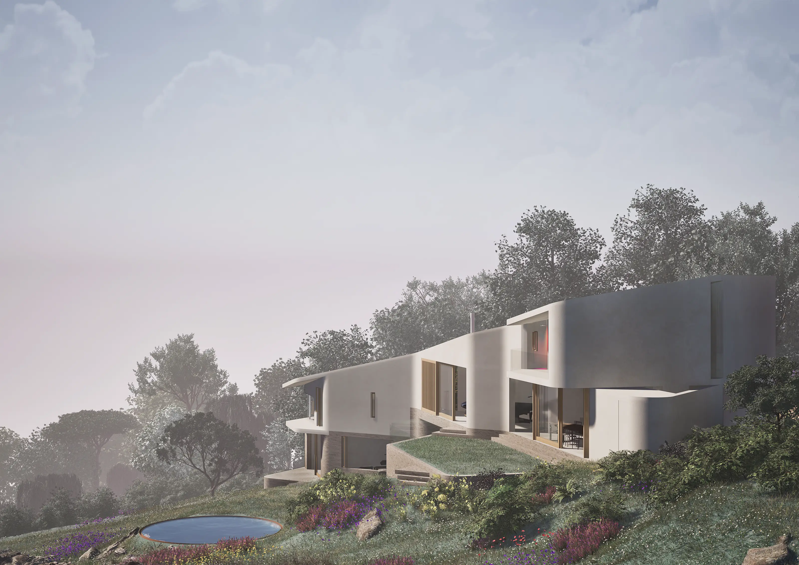 Modern white curved house on a hillside with a small round pool and surrounding trees under a cloudy sky.
