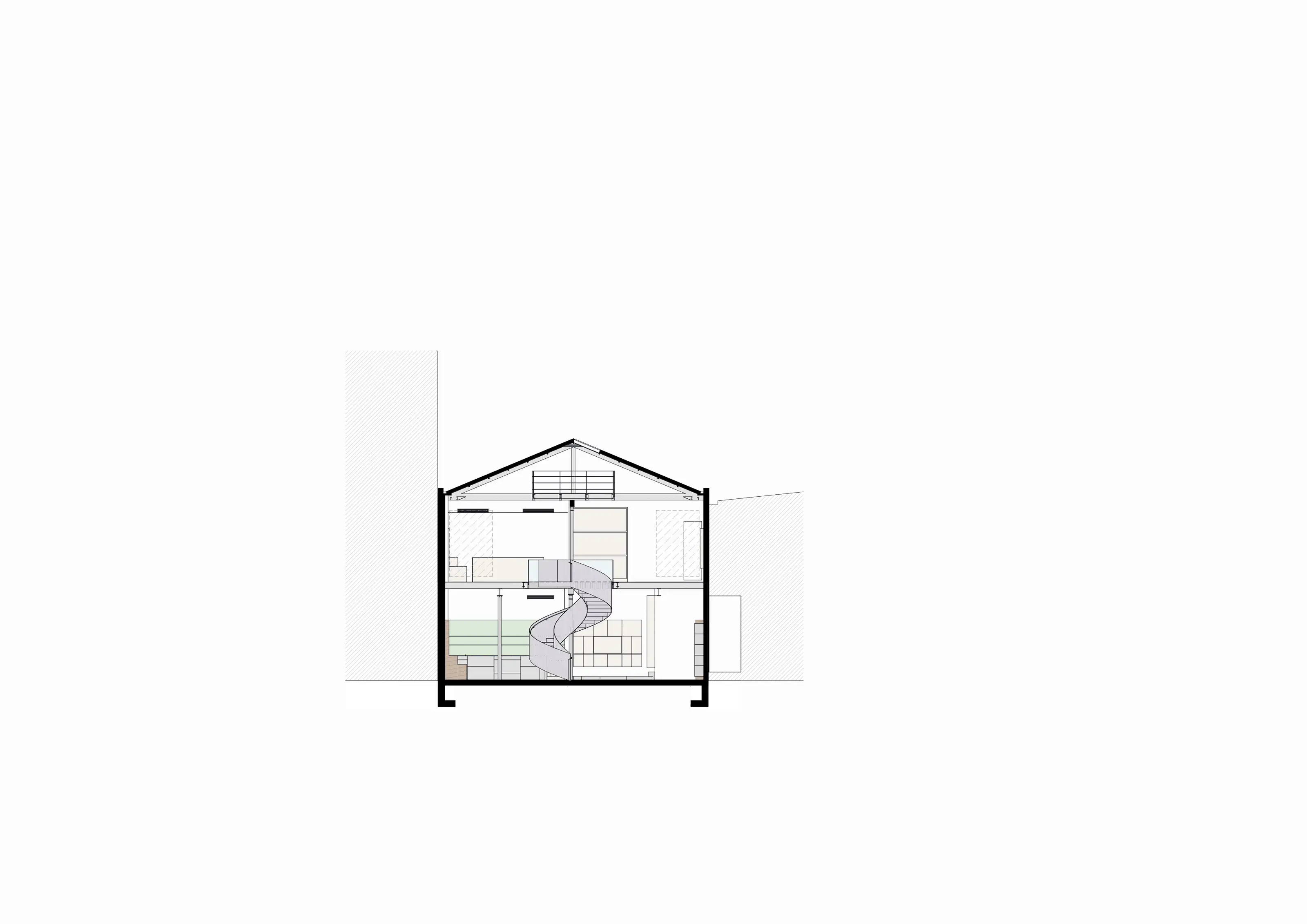 Architectural cross-section of a two-story house with a spiral staircase connecting floors.