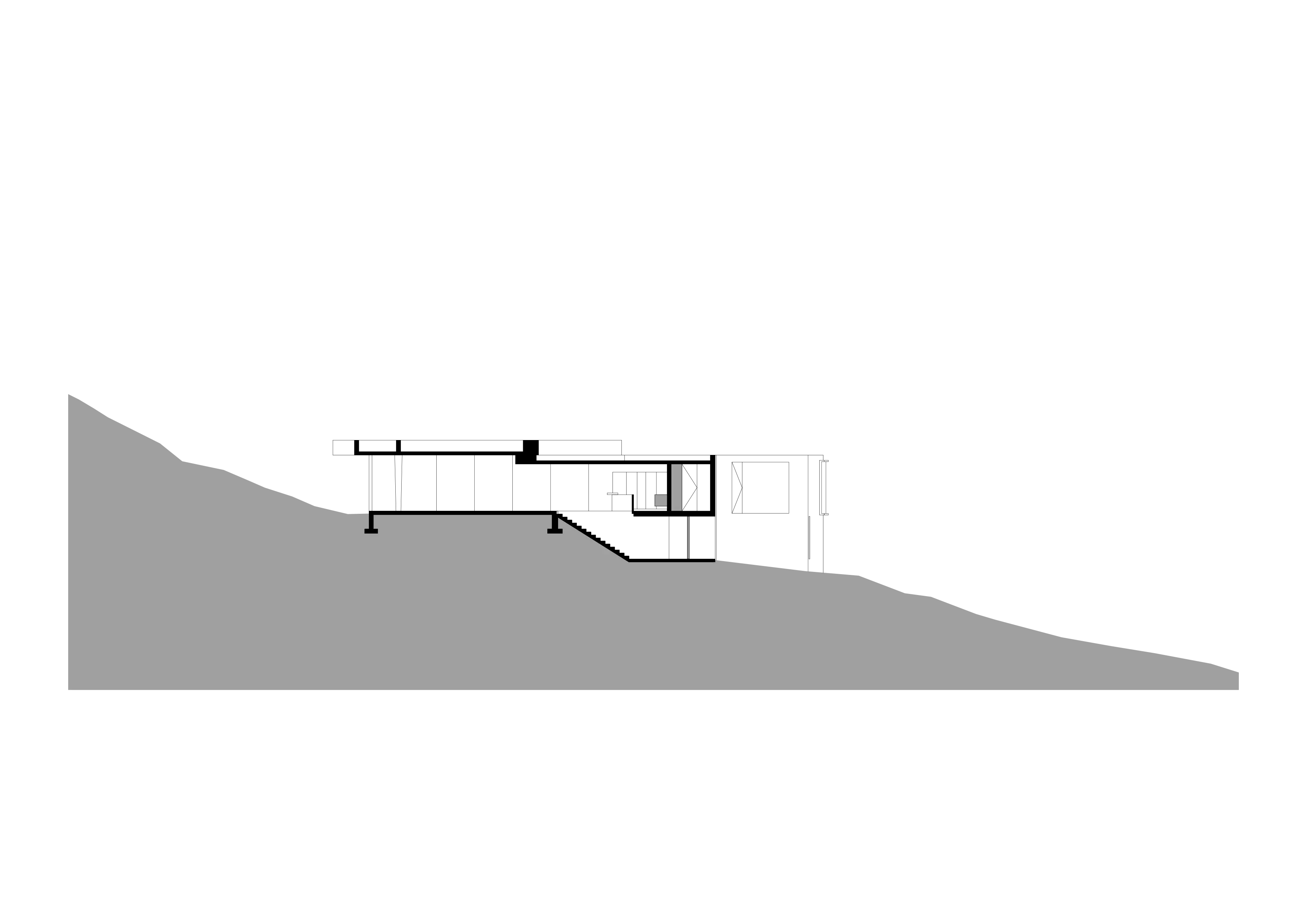 Architectural section drawing showing a sloped terrain with a platform and structural supports.