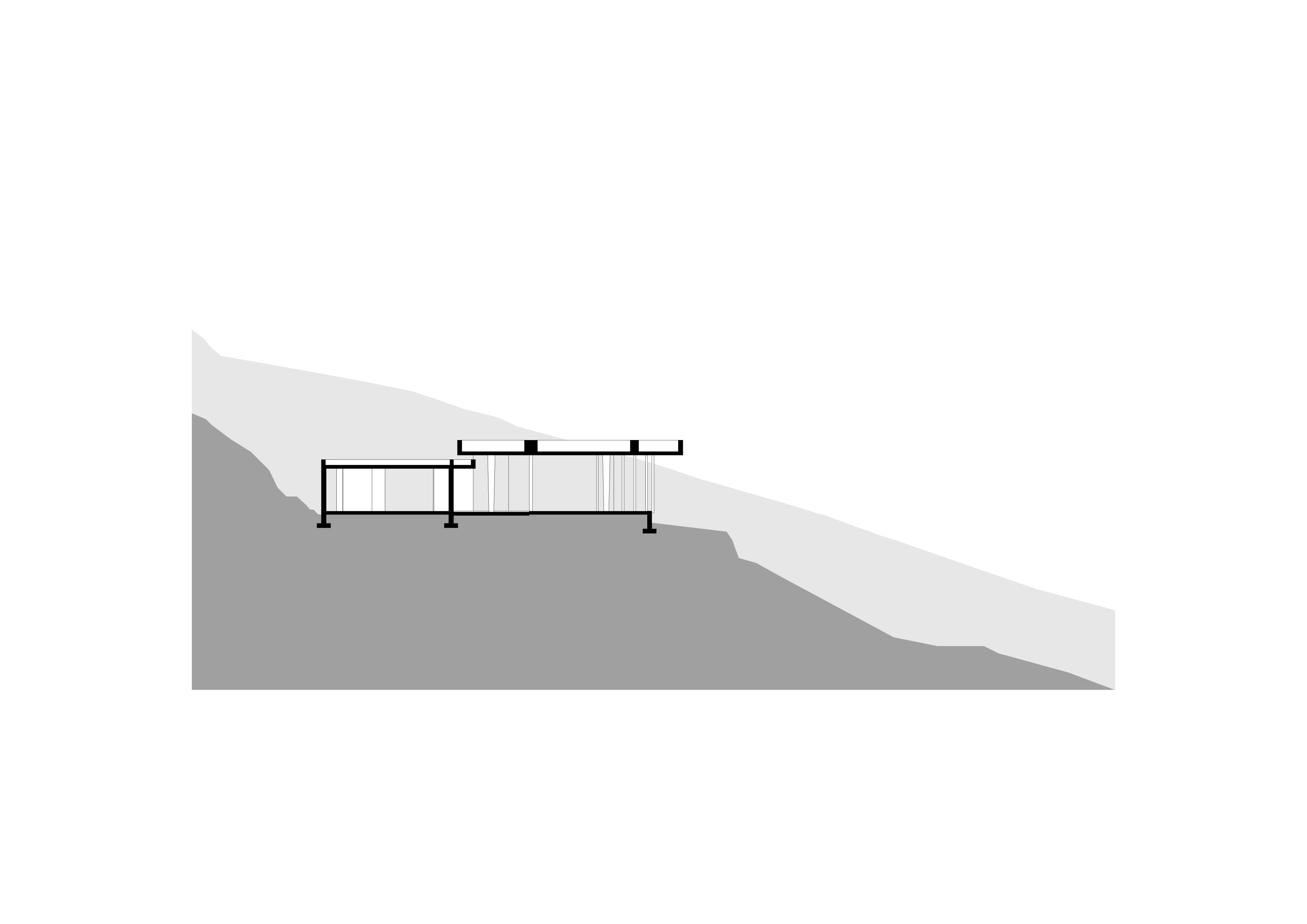 Side view elevation of a modern house on a sloped terrain with a flat roof and large windows.