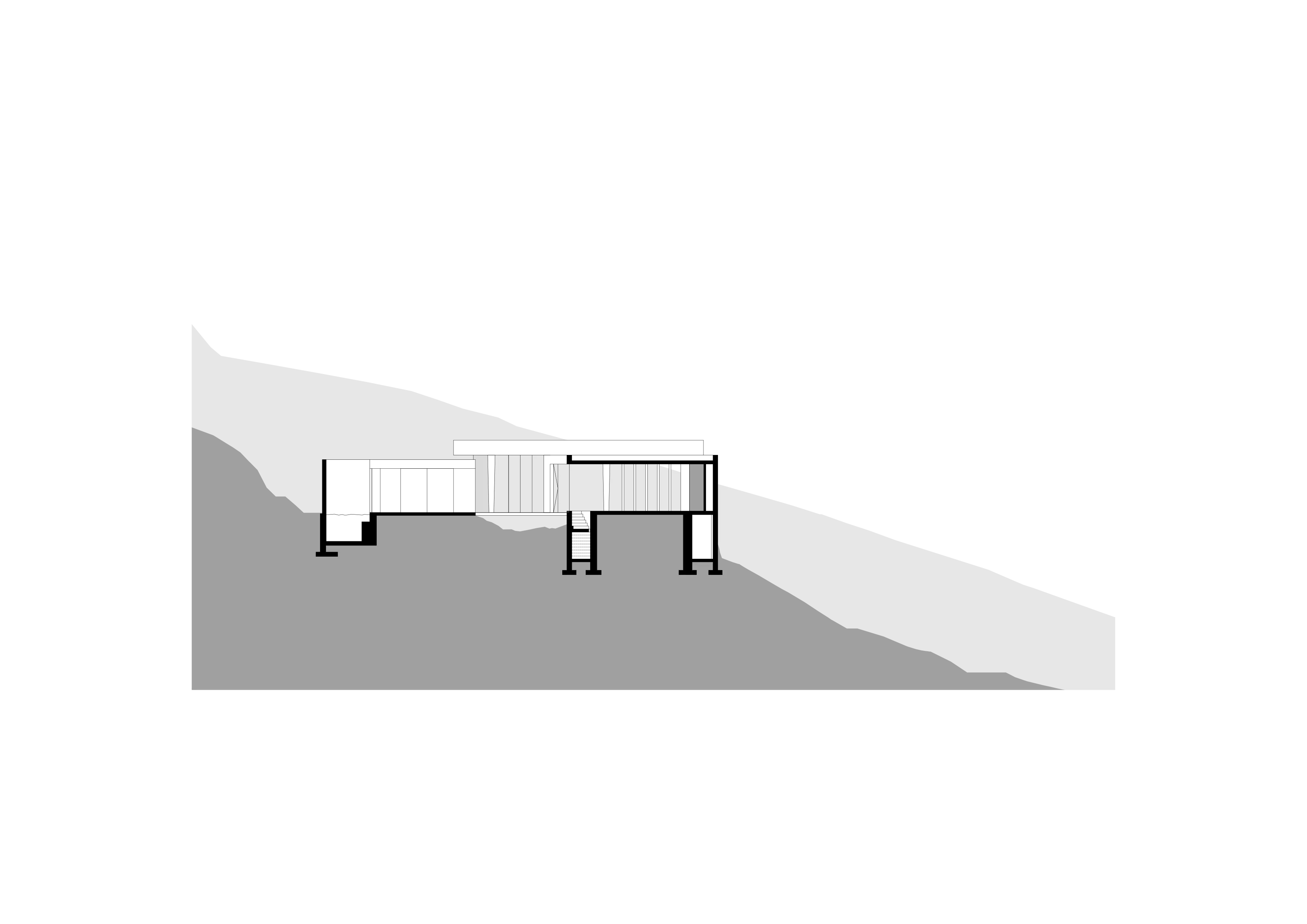 Architectural section drawing of a building on a sloped site showing structural elements and interior spaces.