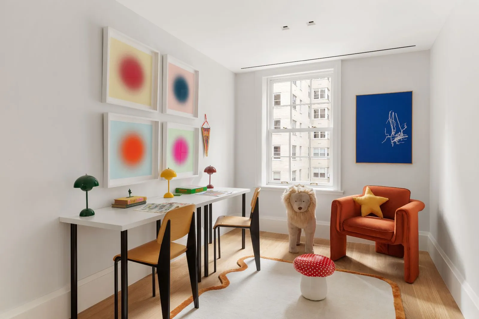 colorful study with desk and chairs