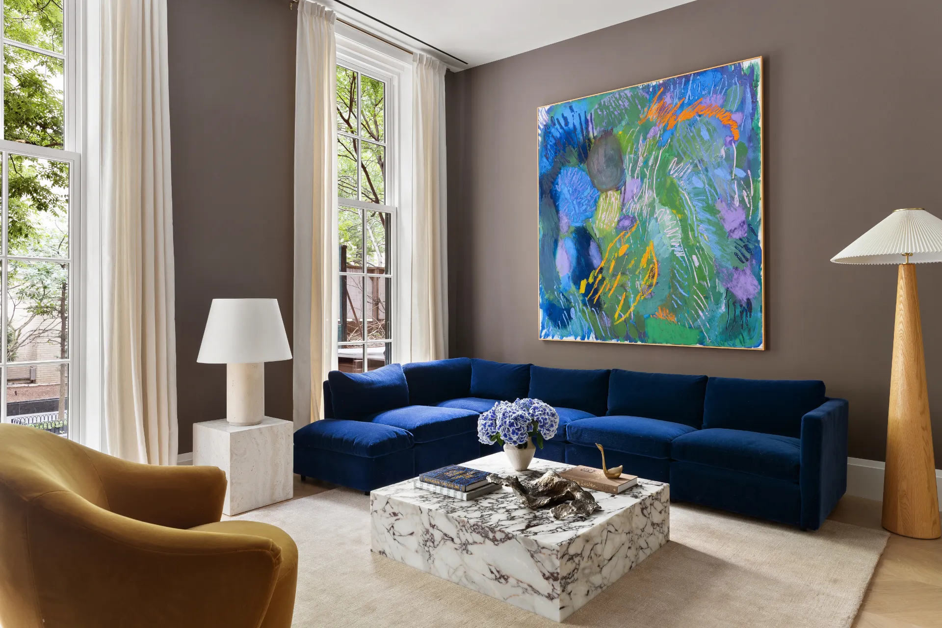 living room with vivid blue couch