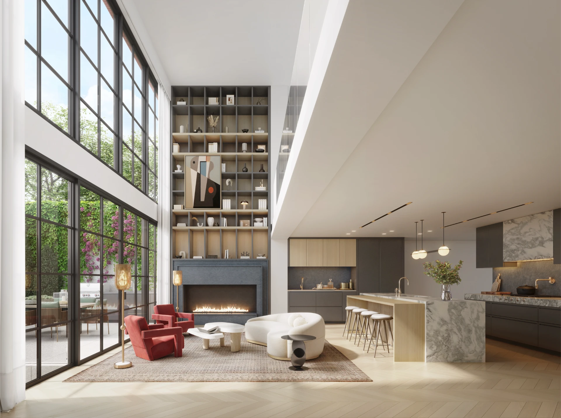 render of bookcase and large garden window in den