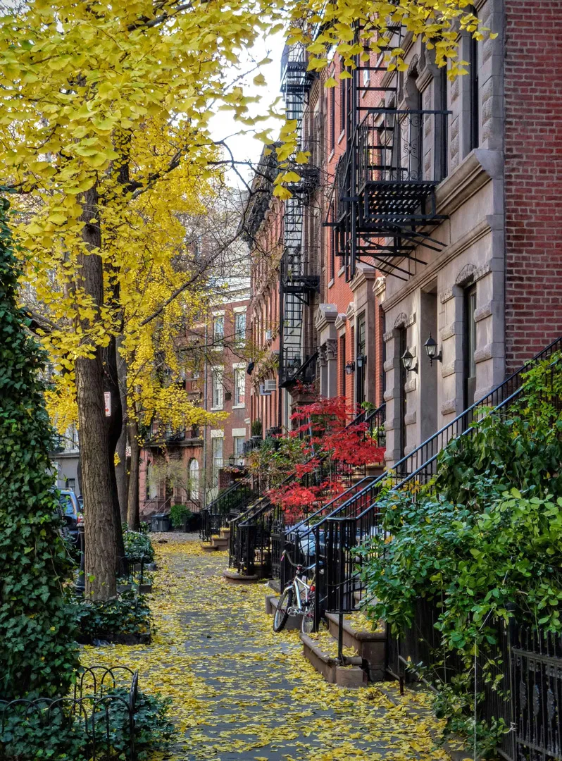View looking down the street of a row of brick brownstones
