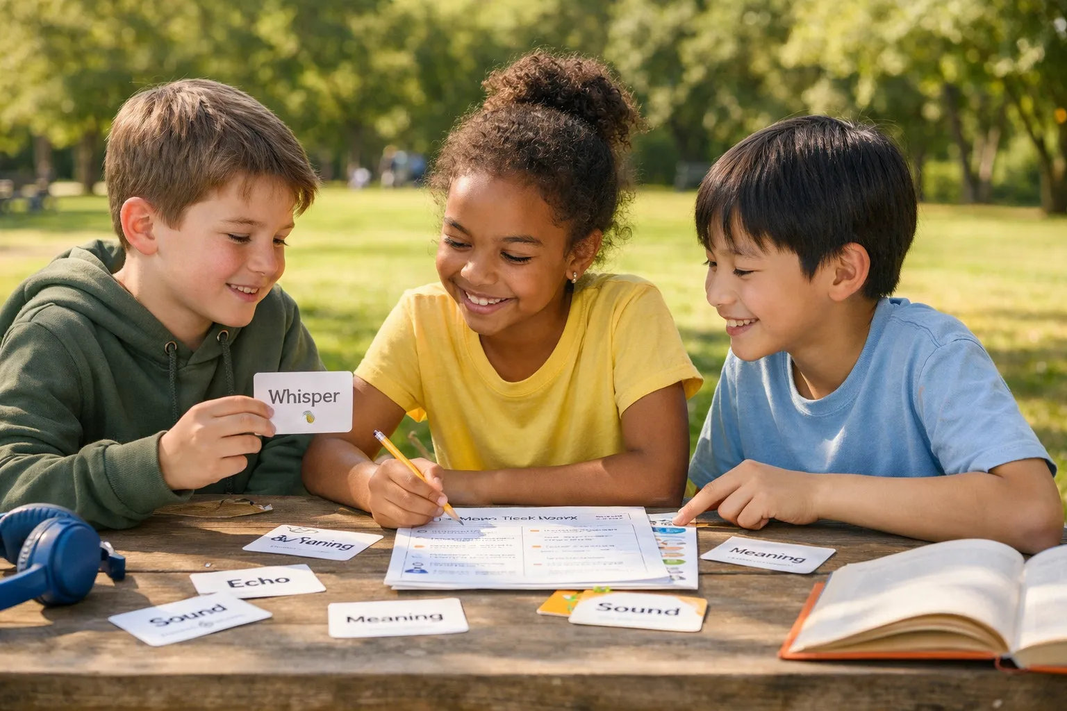 Children actively listening and identifying sounds from everyday objects in a classroom setting