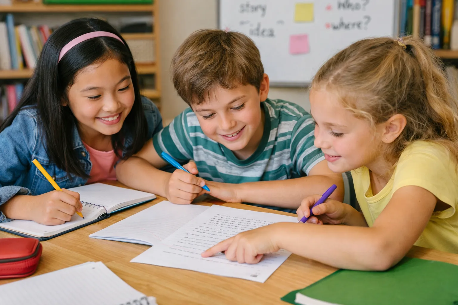 A group of diverse children collaborating on a creative writing project, illustrating the power of descriptive language in shared stories. Learning about connecting ideas.