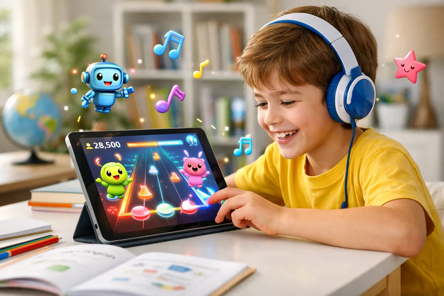An elementary school student with headphones on, enthusiastically playing a digital music game on a tablet, surrounded by colorful visual effects like floating musical notes and avatars, making grammar learning fun.