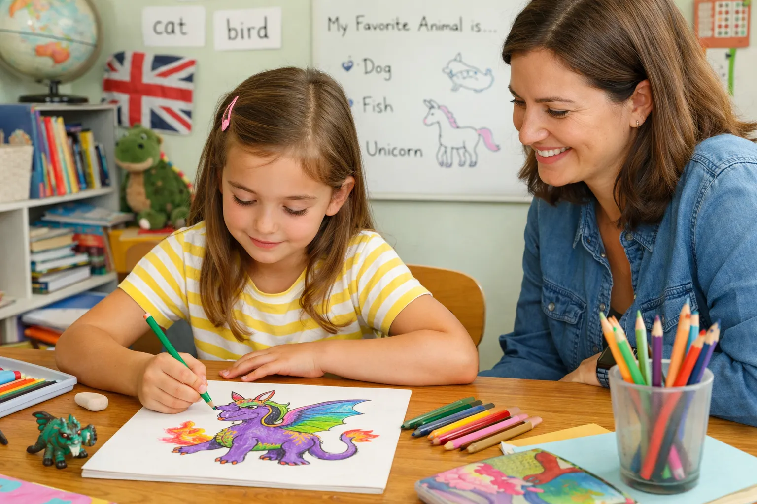 A child drawing a colorful fantasy creature with wings and scales, adding imaginative details to their descriptive words.