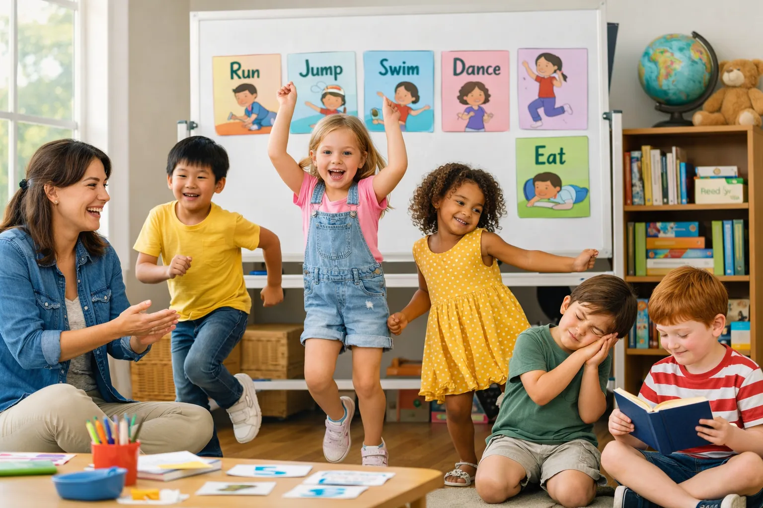 A brightly colored cartoon illustration of children performing different actions like running, jumping, and laughing with speech bubbles showing verbs.