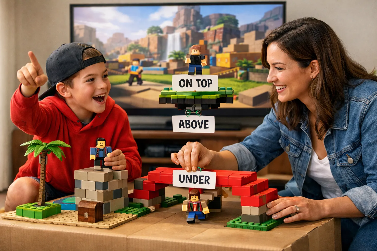 A child in a virtual reality headset smiling while interacting with a colorful blocky Roblox-style world on a screen, depicting structures and characters.