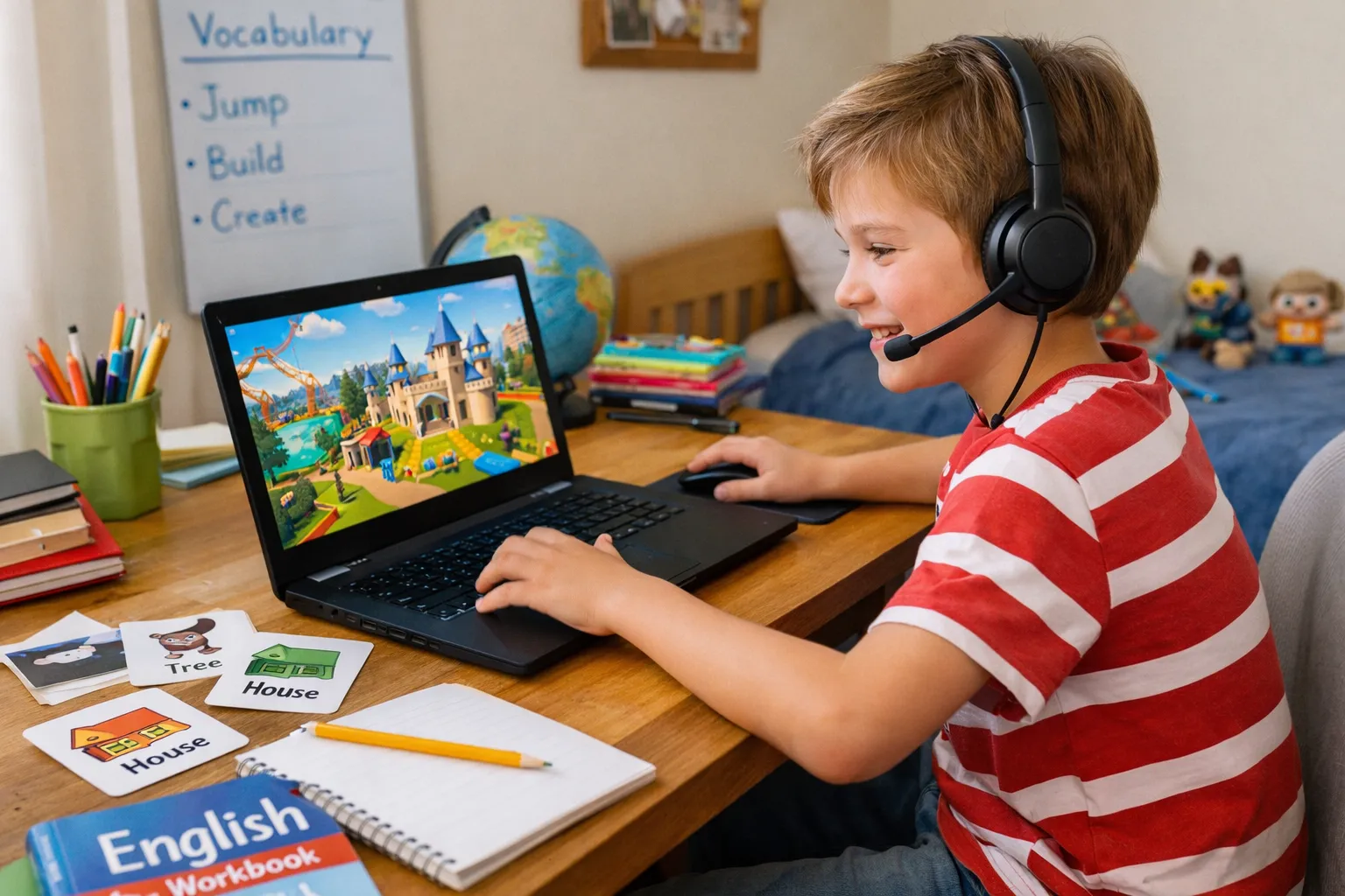 A smiling young girl sitting at a desk, enthusiastically building a virtual block-based world on a tablet, with a pencil and notebook nearby.