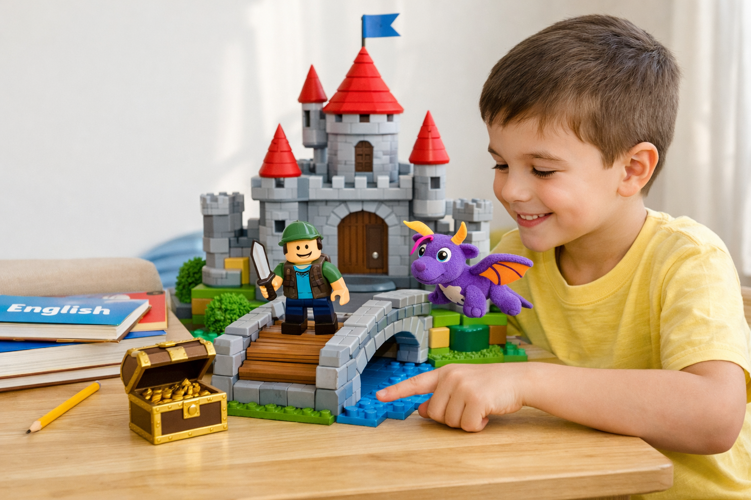 A blocky Roblox character stands on a wooden bridge, looking towards a tall castle with a flying creature above it, and a treasure chest nearby.