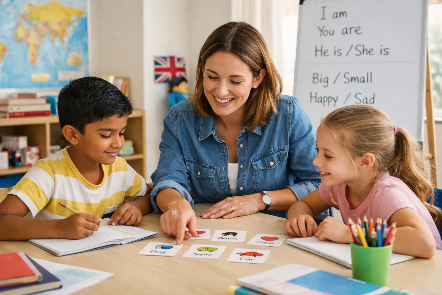 A teacher guides two young students, a boy and a girl, through a language activity with colorful cards at a table.