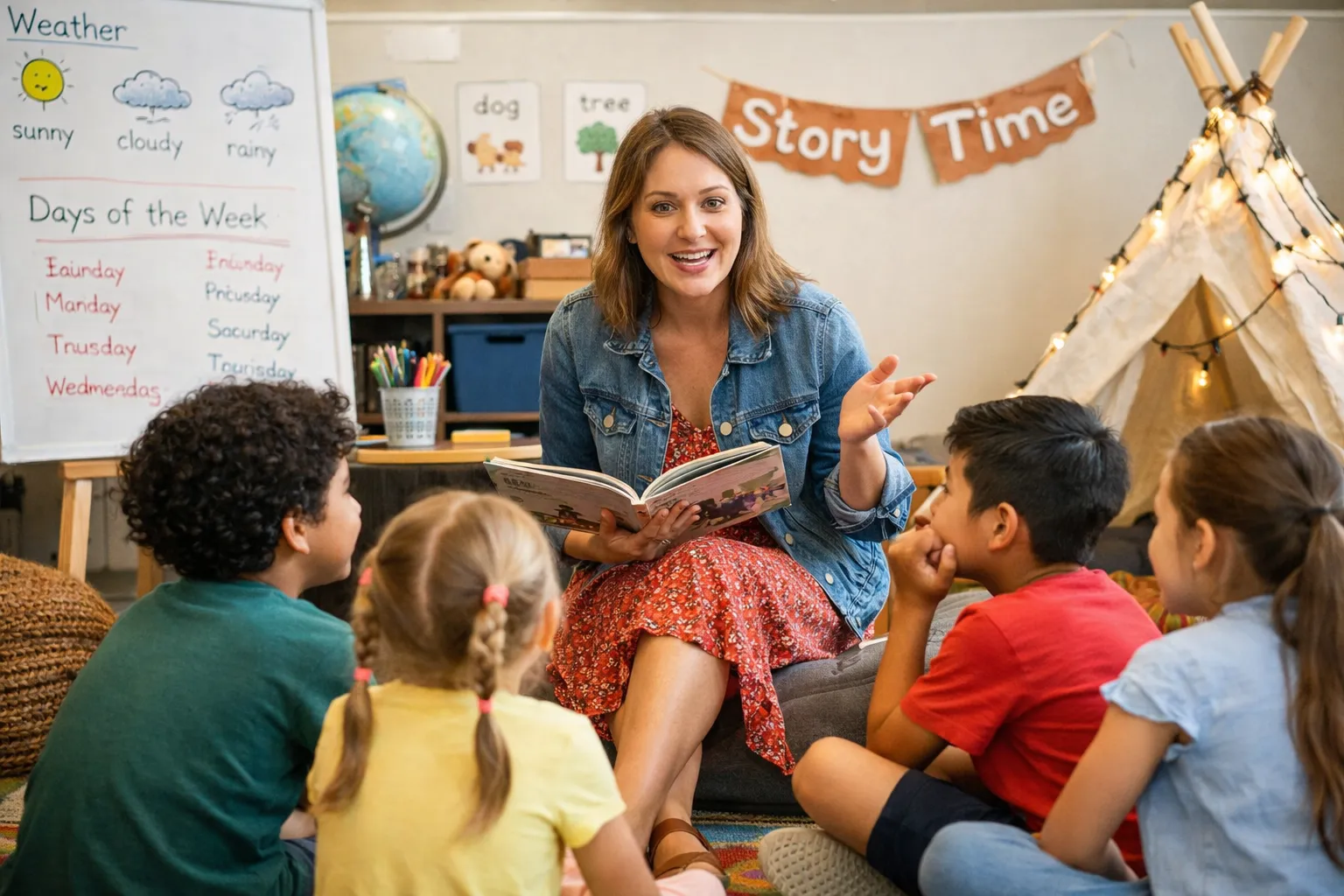 A diverse group of children sitting on a carpet, eagerly listening to a storyteller who is animatedly gesturing, surrounded by open books.