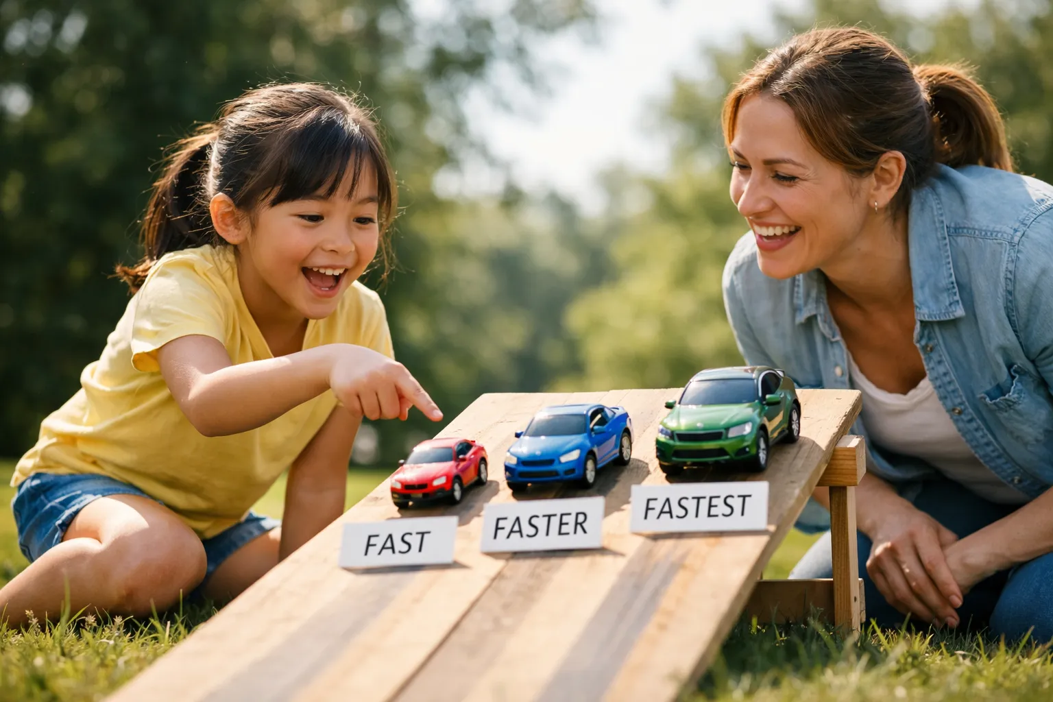 A group of children joyfully comparing different sized colorful balloons at a park.