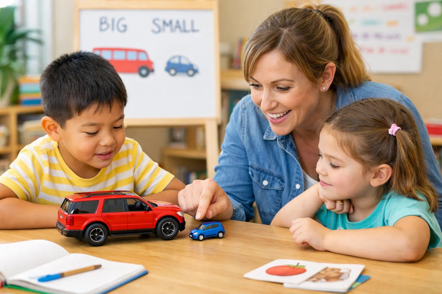 Two children looking at a large and a small toy car, pointing out their differences.
