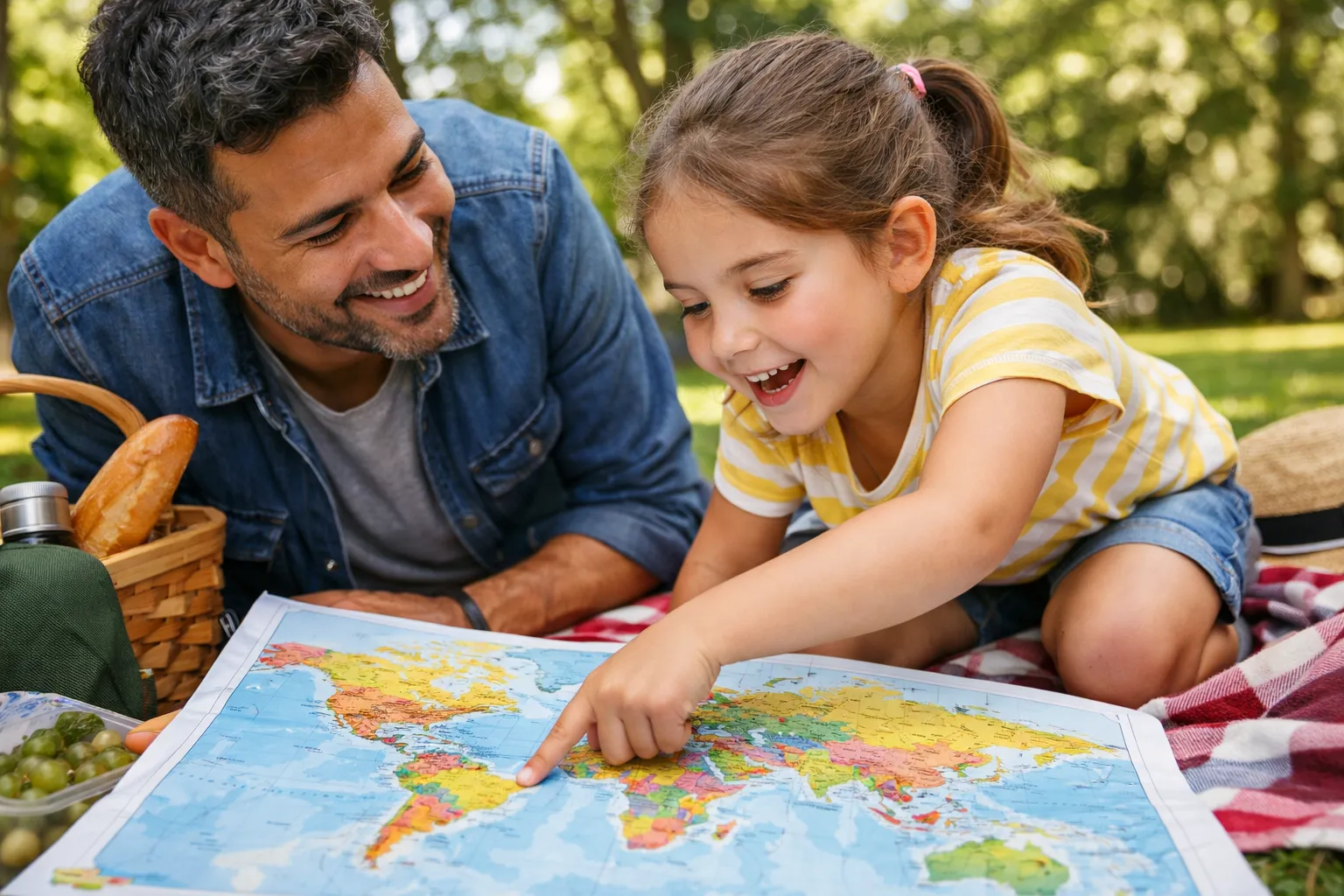 A young girl with a curious expression pointing at a colorful world map, while her father looks on and smiles, both engaged in a learning moment.