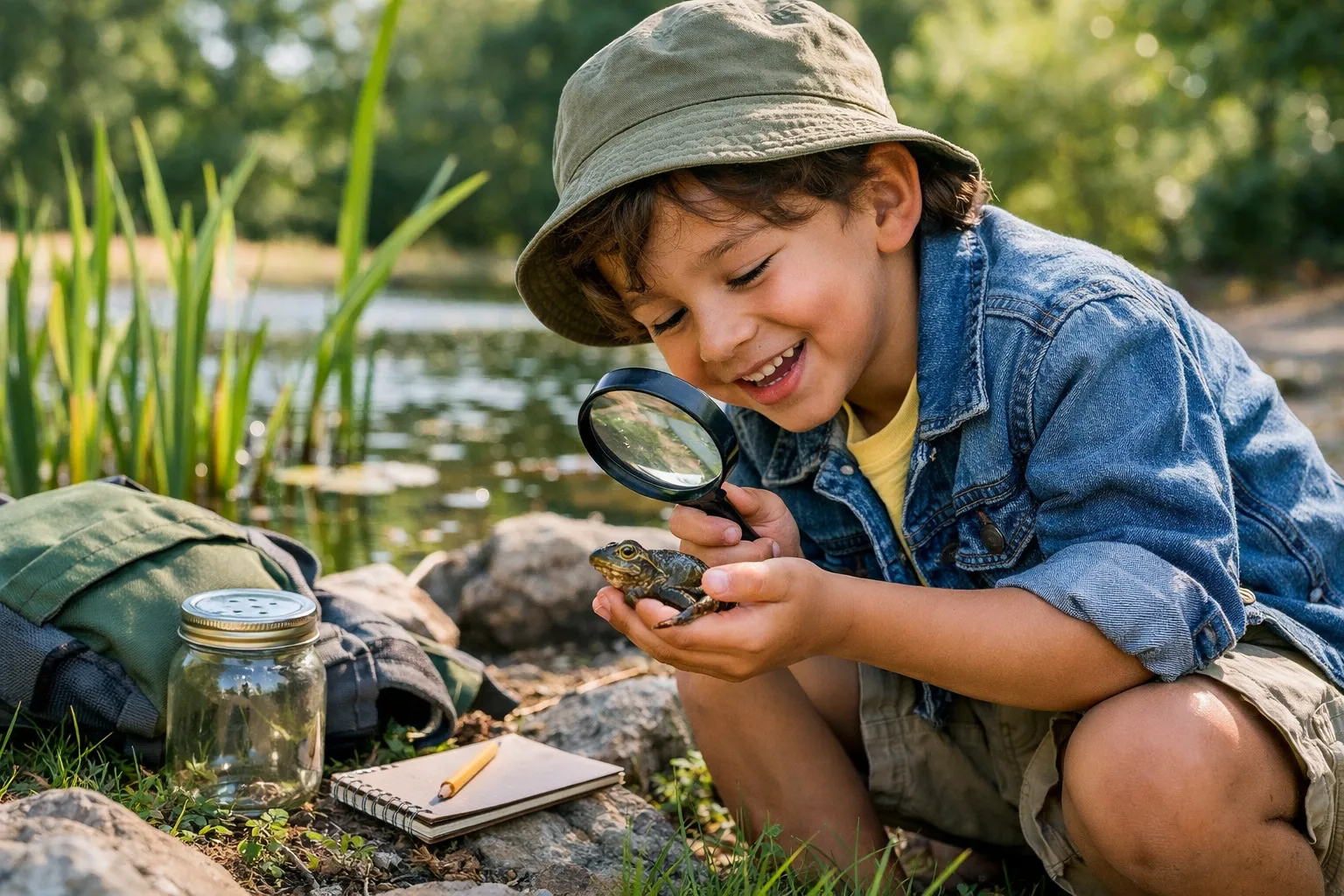 A happy child playing with colorful building blocks on a soft rug, connecting two pieces with a smile.