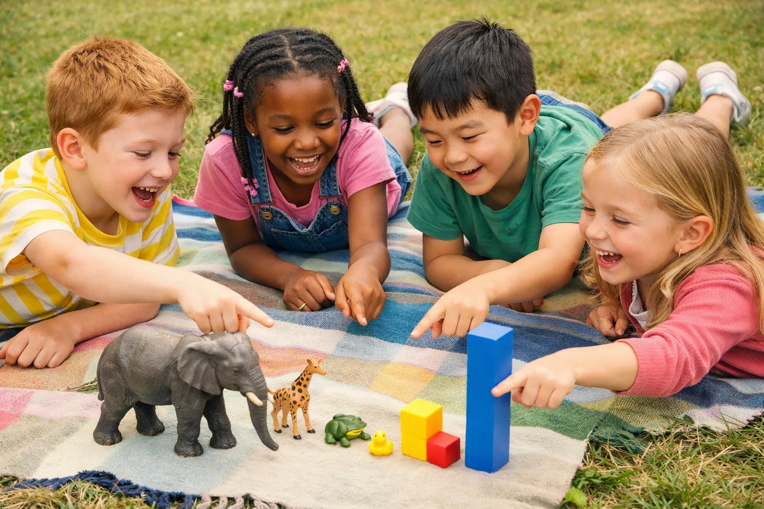 Two children in a classroom pointing at a whiteboard with grammar examples.