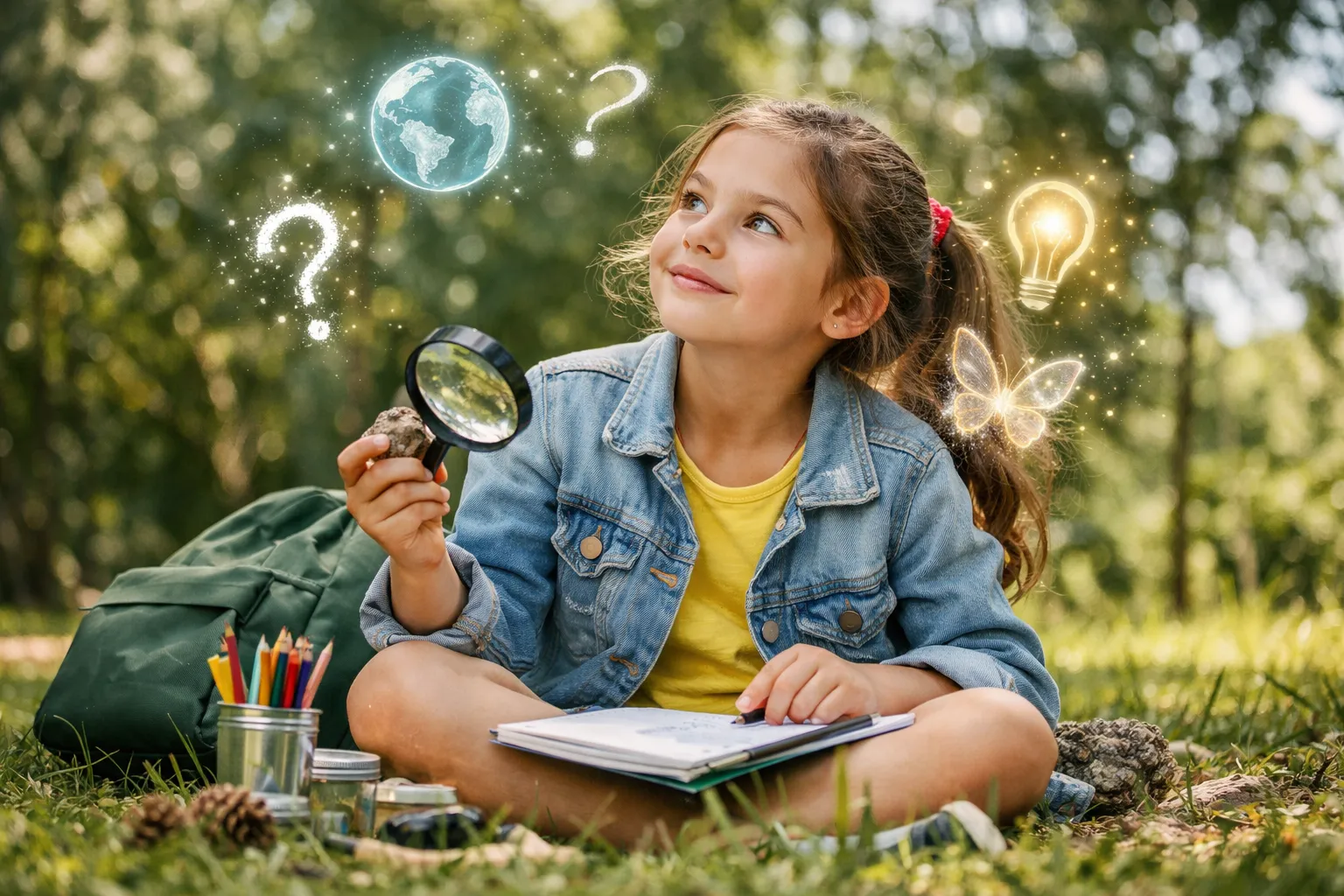 A young girl with a thoughtful expression sits in a brightly lit room, surrounded by colorful books and drawing tools, pondering words.