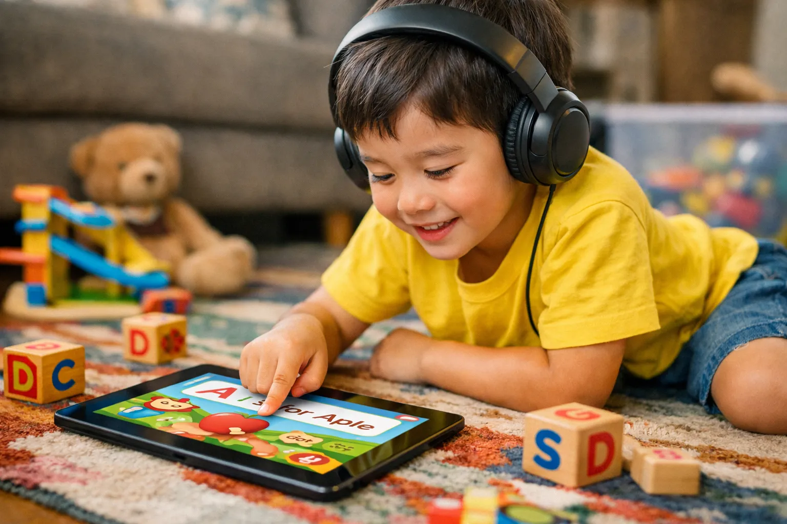 A child focused on a tablet screen, pointing to a colorful interactive English learning app with a headset on for listening practice.