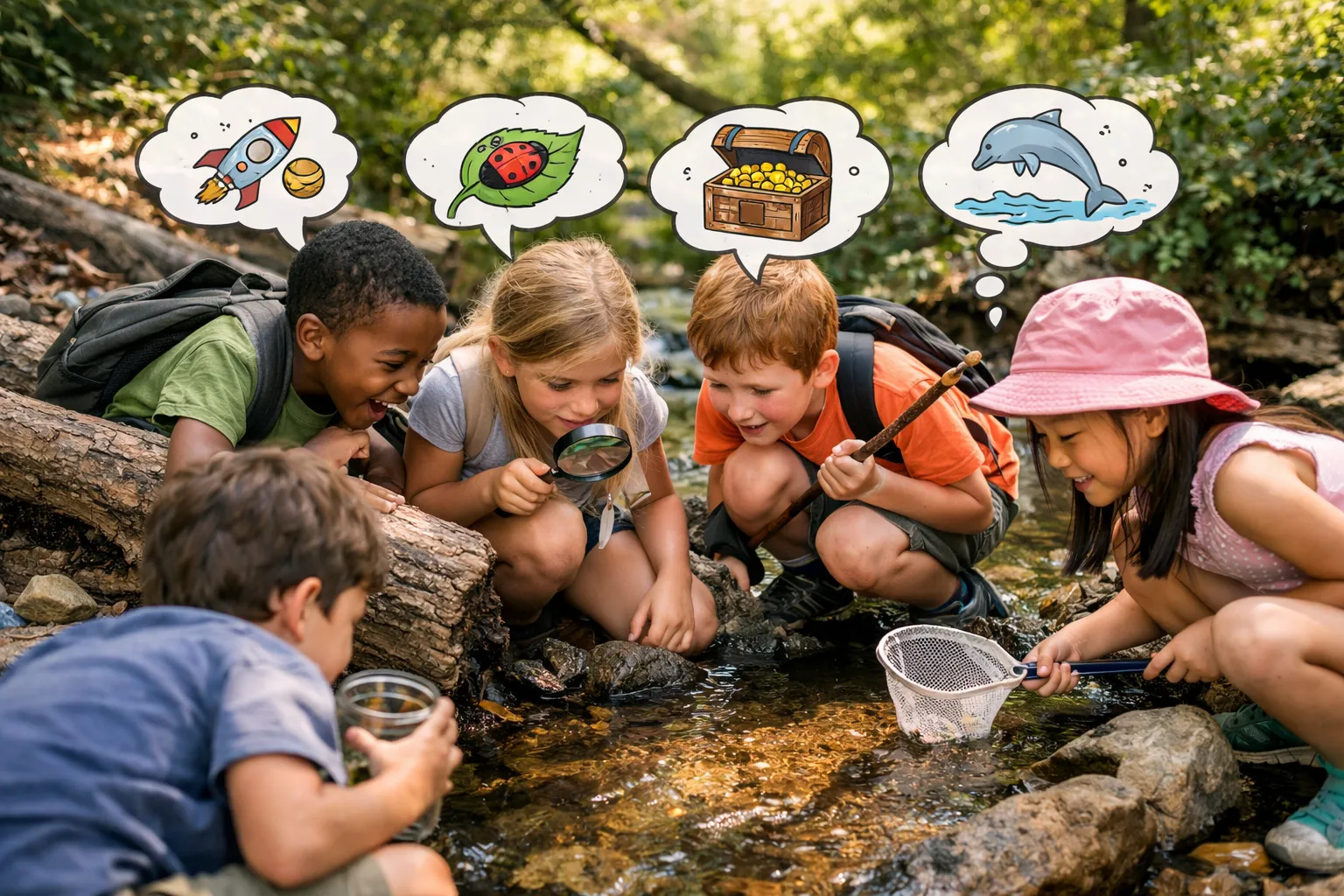 A group of kids in a classroom collaborating on a large brainstorming board, writing and drawing ideas with colorful markers.