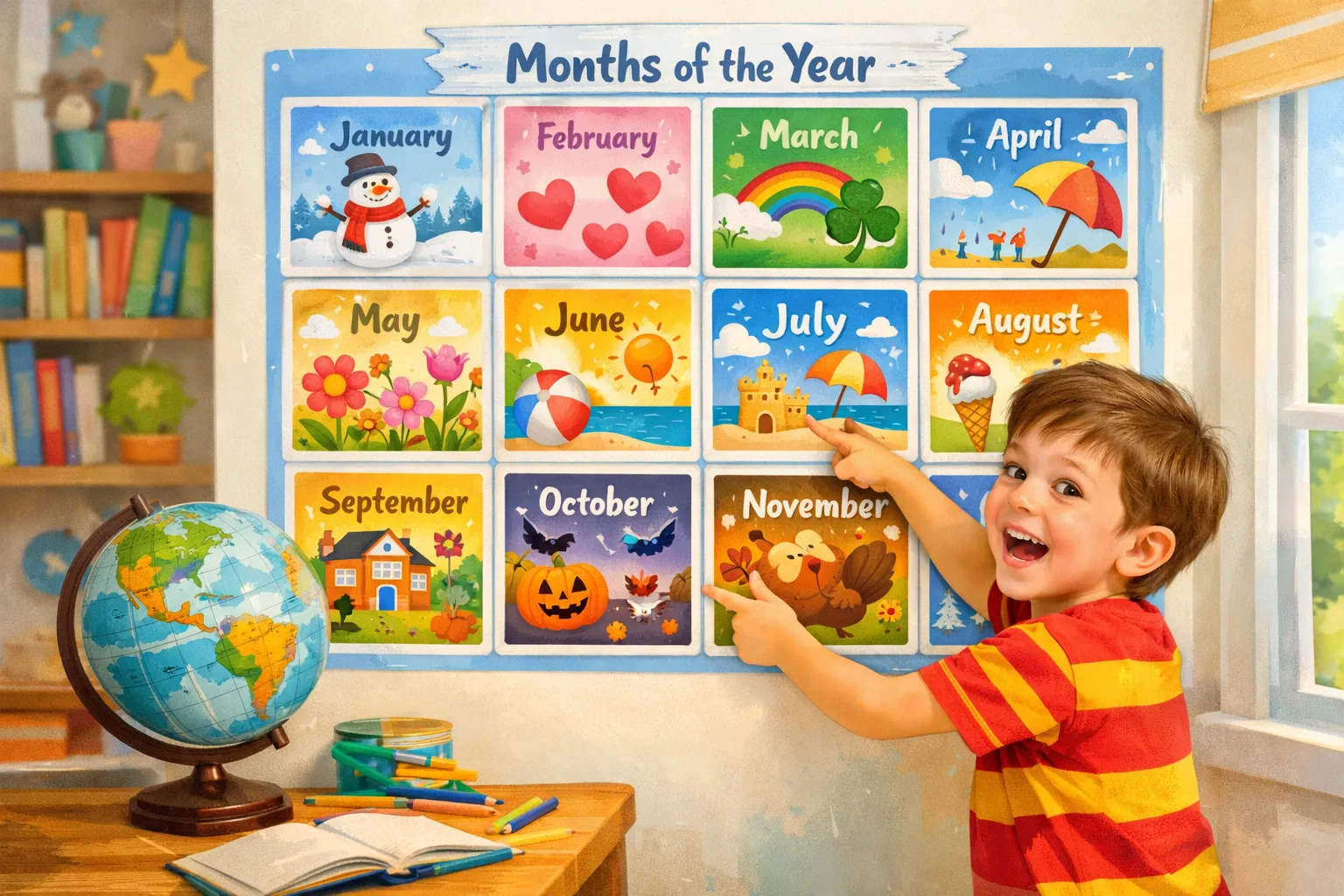 A child pointing to different months on a large, colorful calendar, learning the order of the year.
