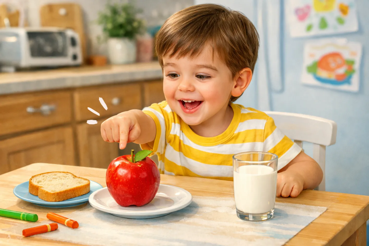 A young boy happily eating a variety of healthy fruits and vegetables, learning about food.