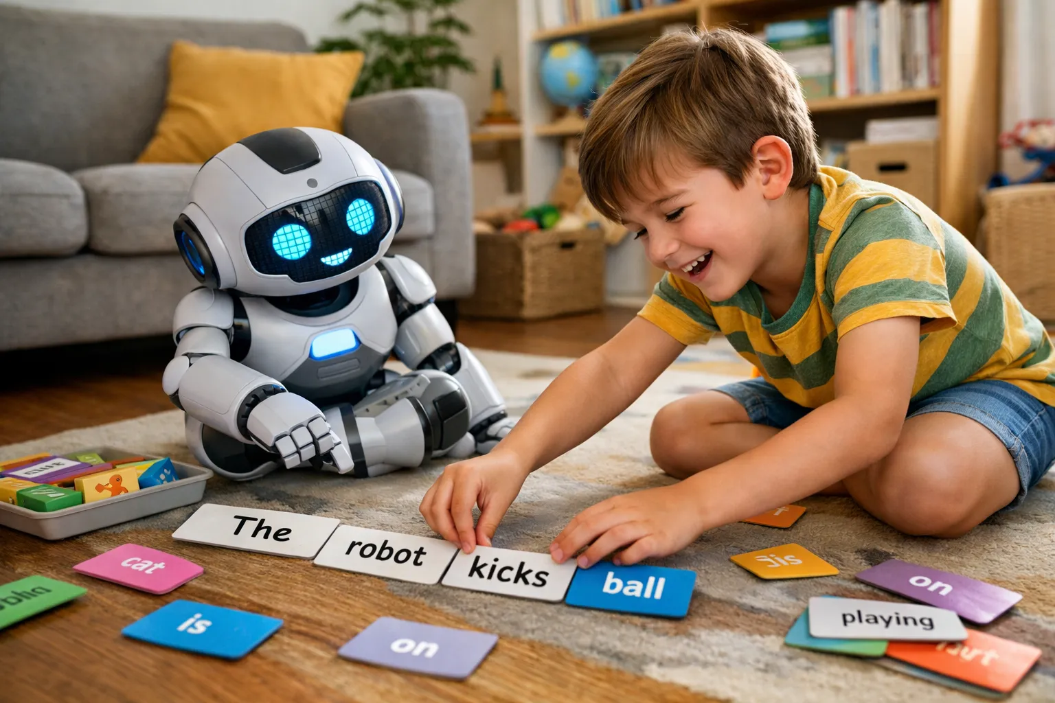 A group of diverse children looking at a diagram showing sentence parts (subject, verb, object).