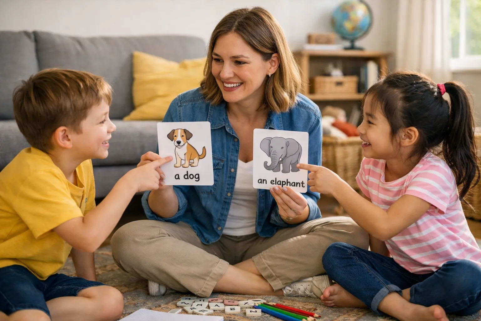Young boy pointing to an apple and saying 
