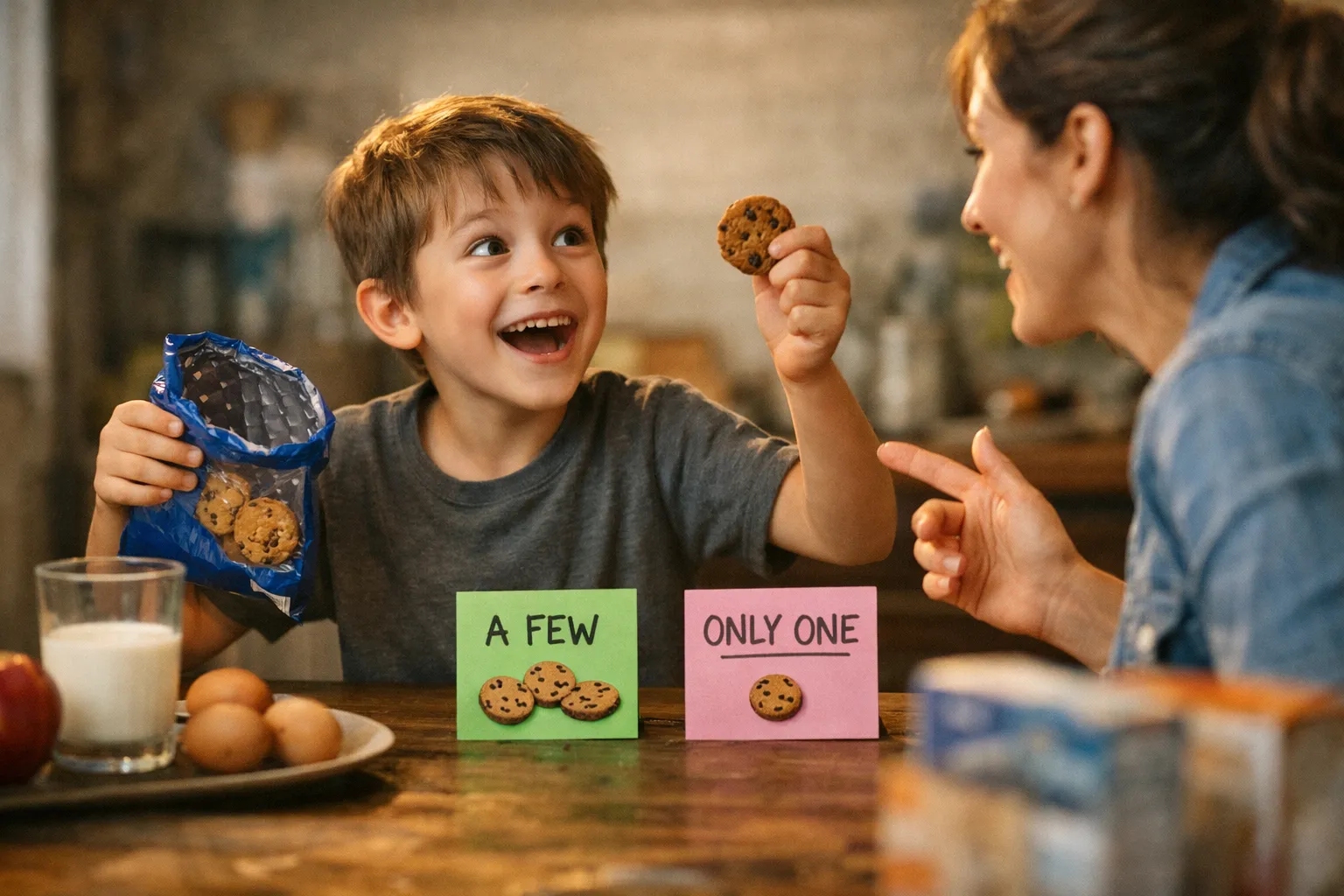 Children sitting at a table with books, an apple, and a glass of milk, learning about nouns.