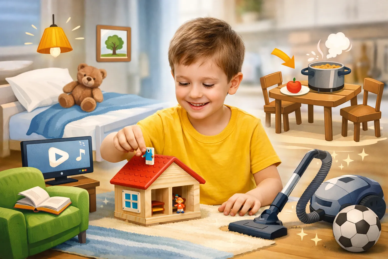 A child pointing at different parts of a house on a drawing.